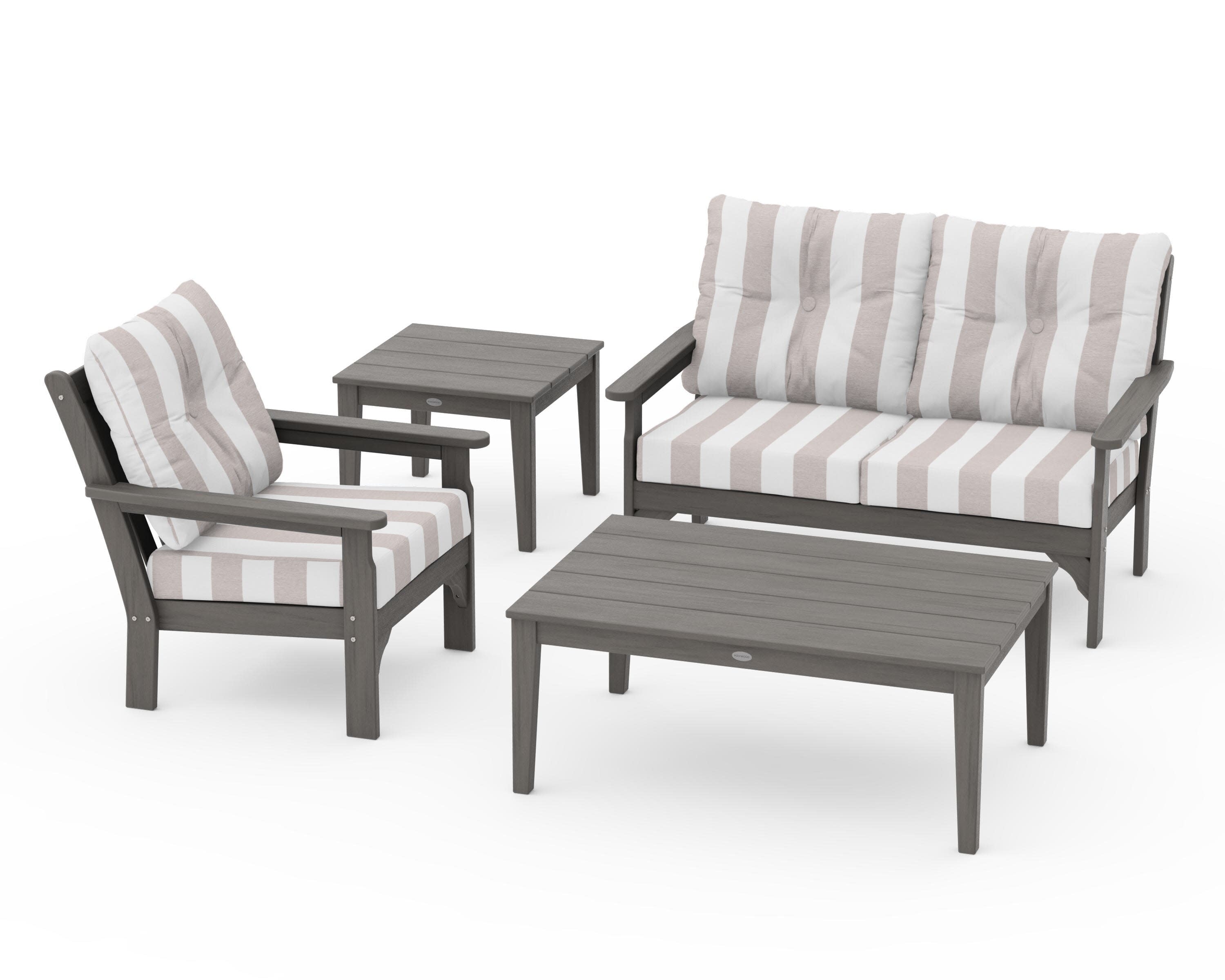 Vineyard 4-Piece Deep Seating Set in Driftwood / Cabana Stripe Dune Burlap