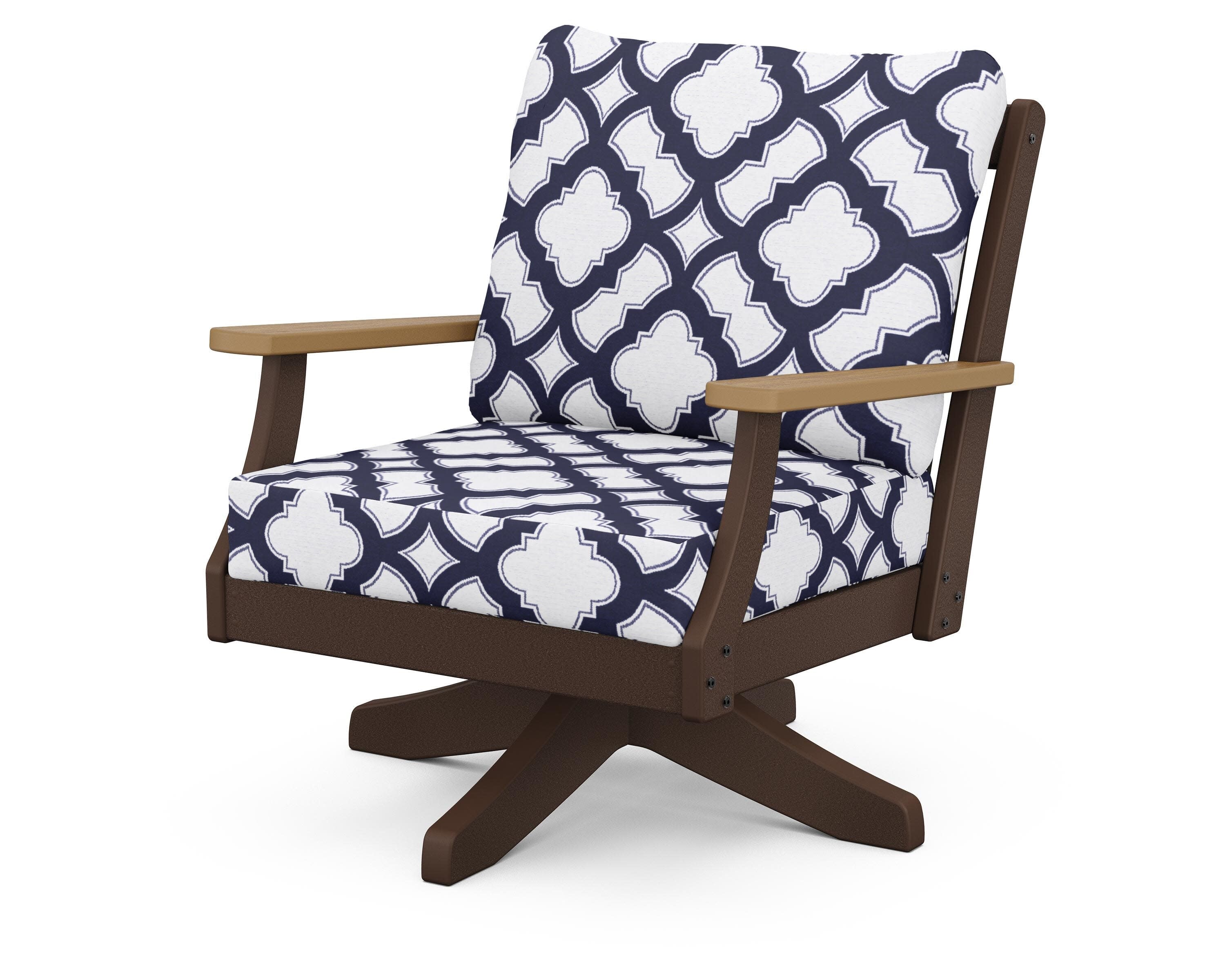 Braxton Deep Seating Swivel Chair in Mahogany / Natural / Trellis Navy