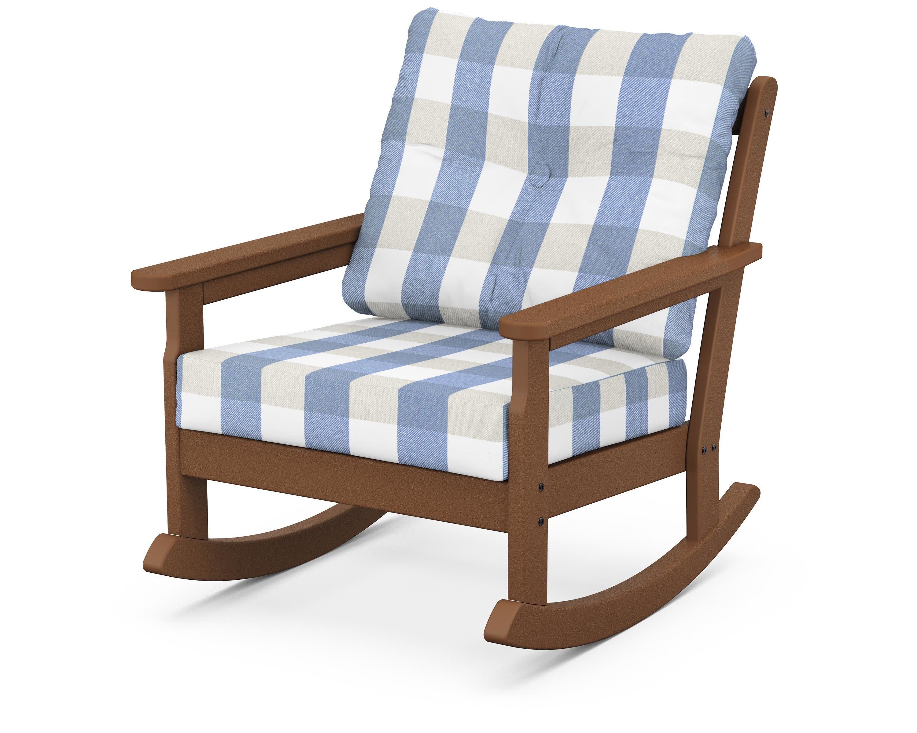 Vineyard Deep Seating Rocking Chair in Teak / Buffalo Plaid Sky Blue