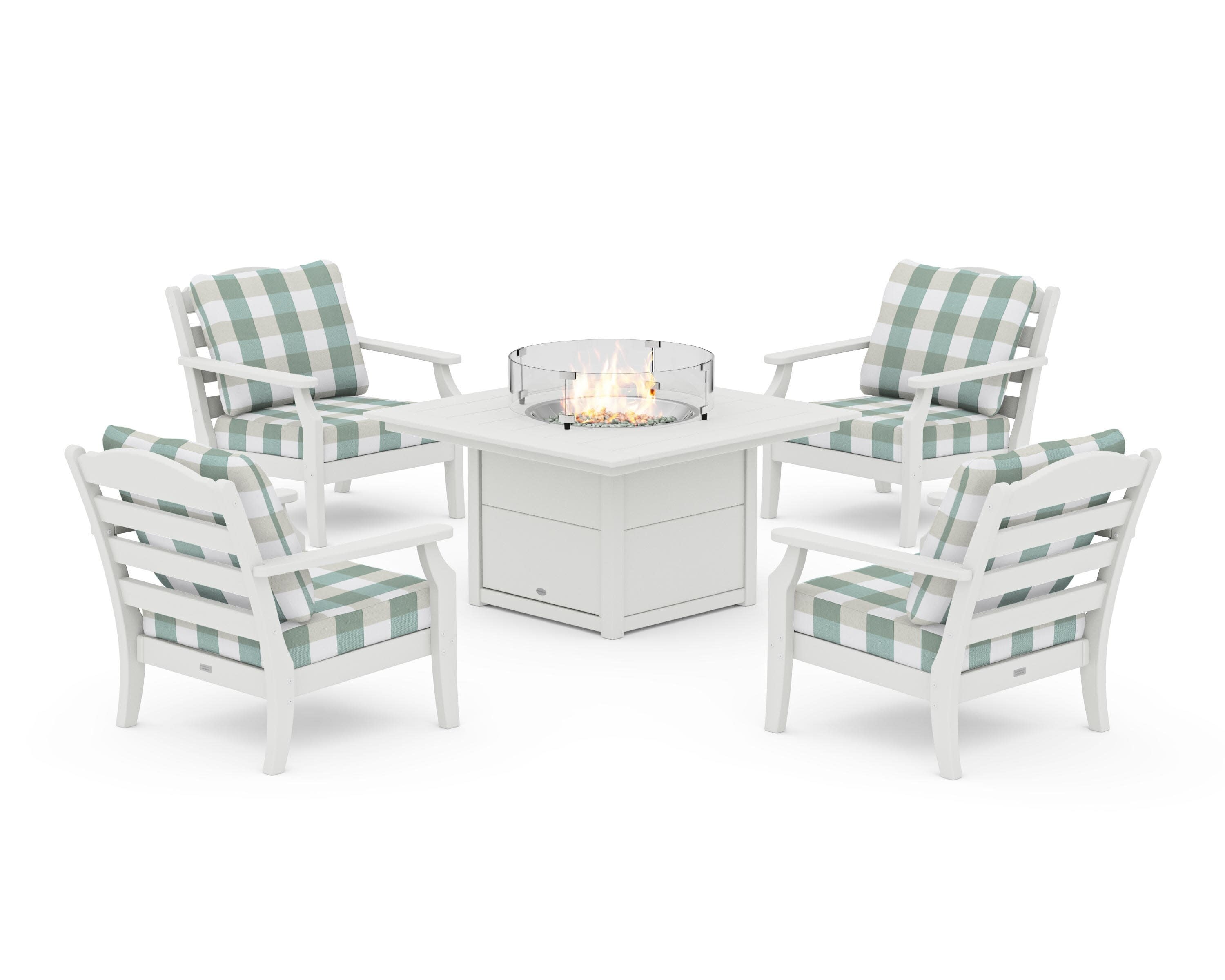 Savannah 5-Piece Deep Seating Set with Fire Pit Table in Vintage White / Buffalo Plaid Glacier Spa