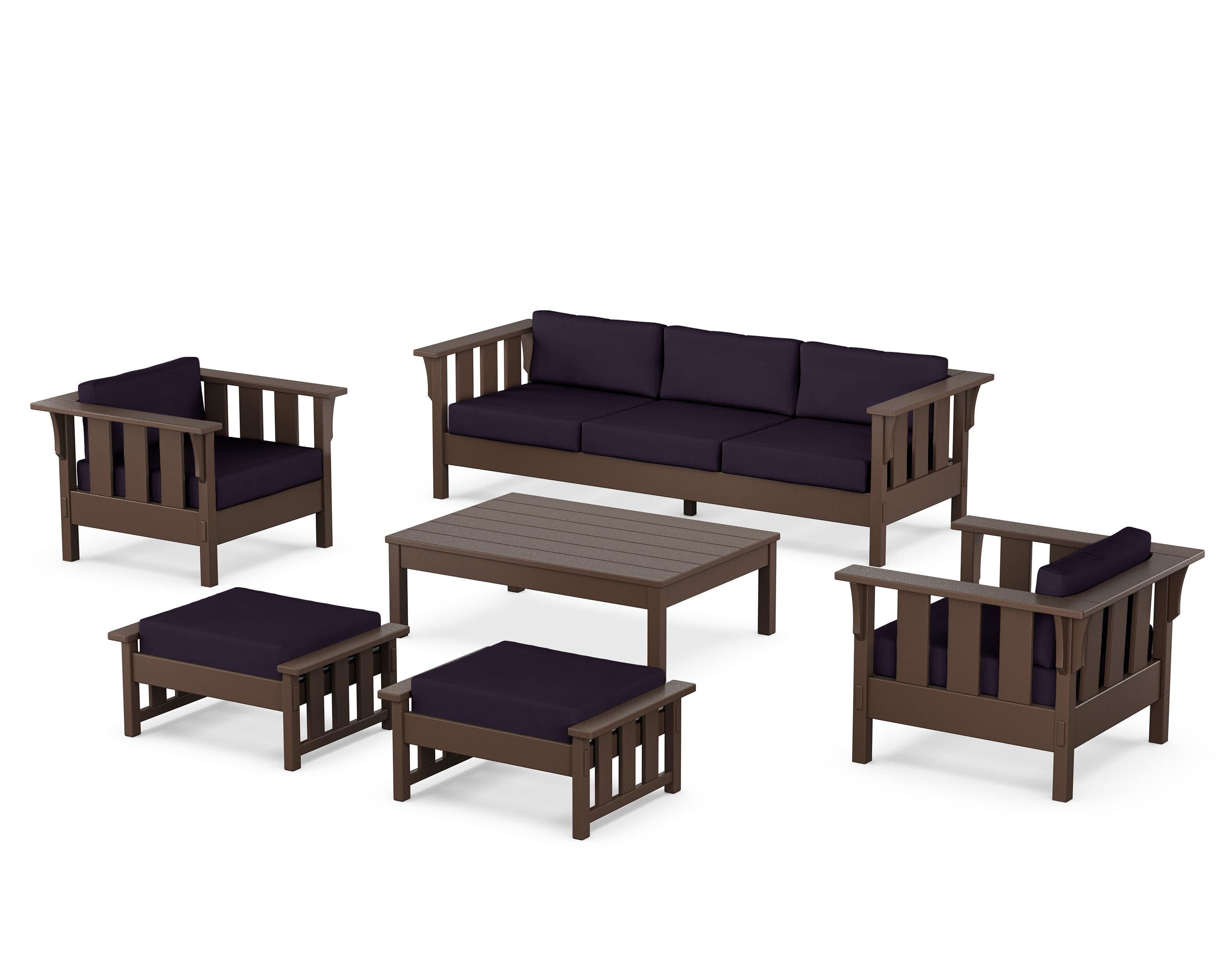Acadia 6-Piece Lounge Sofa Set in Mahogany / Navy Linen