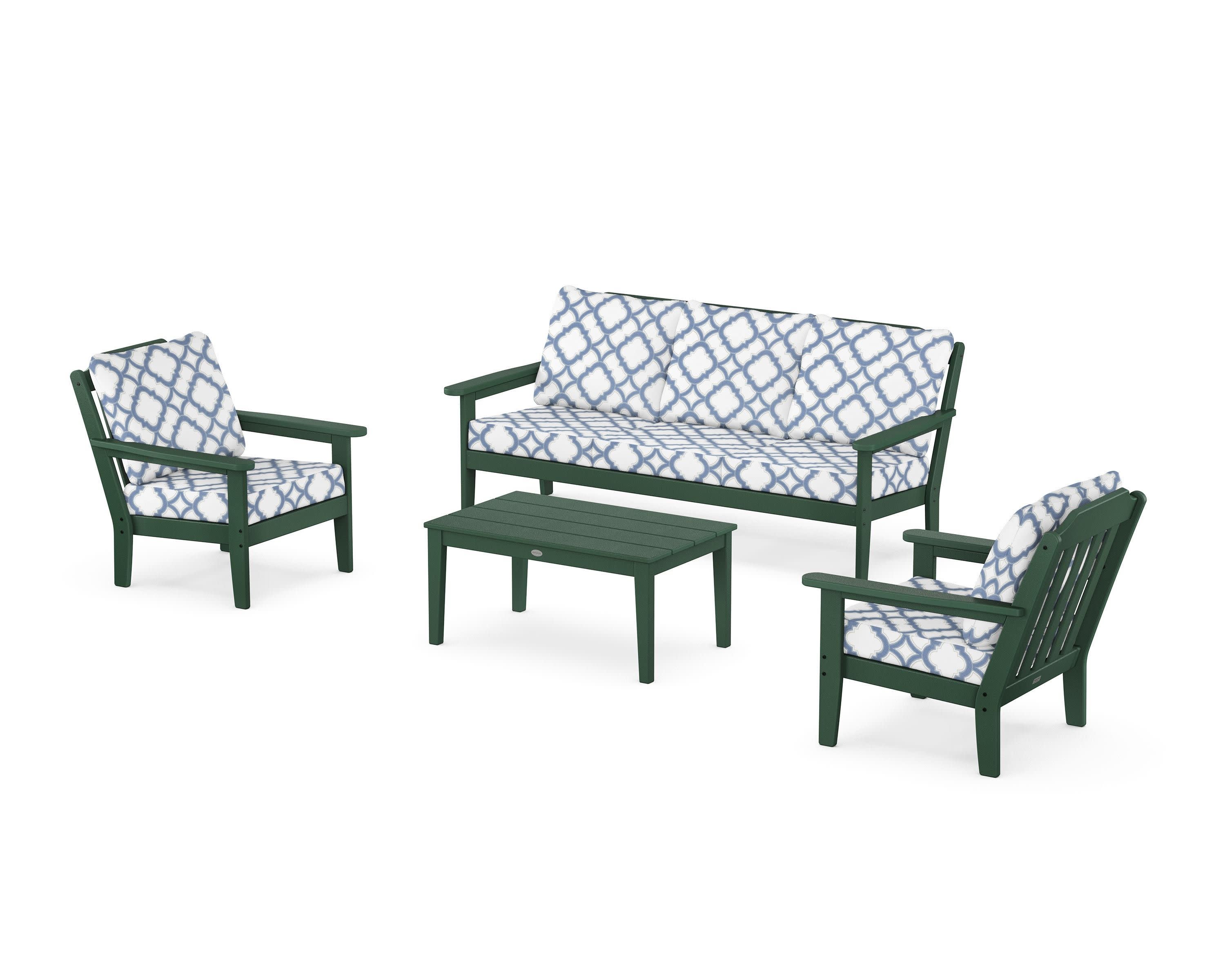 Cottage 4-Piece Deep Seating Set with Sofa in Green / Trellis Sky Blue