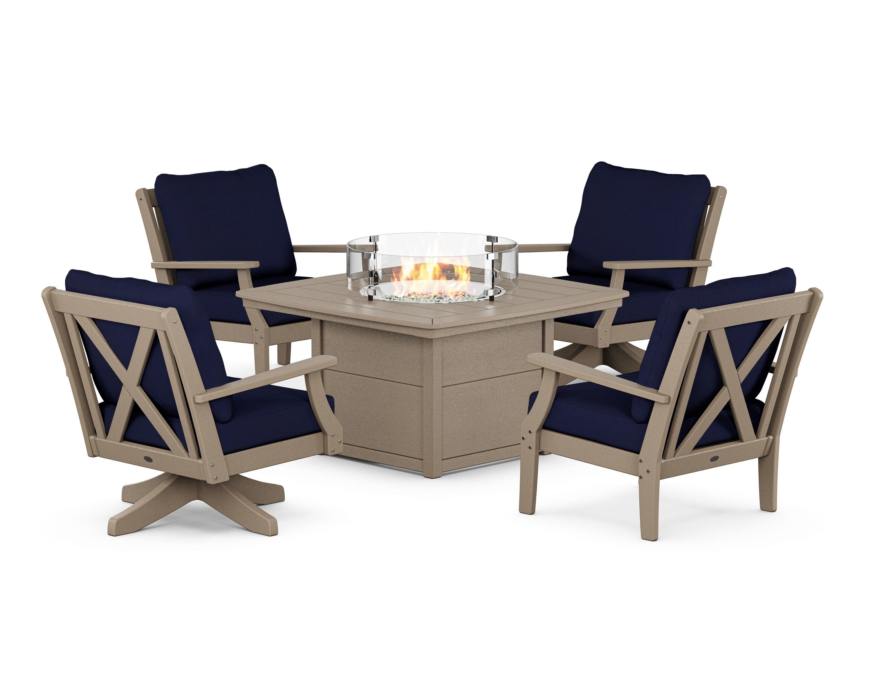 Braxton 5-Piece Deep Seating Set with Fire Table in Vintage Sahara / Navy