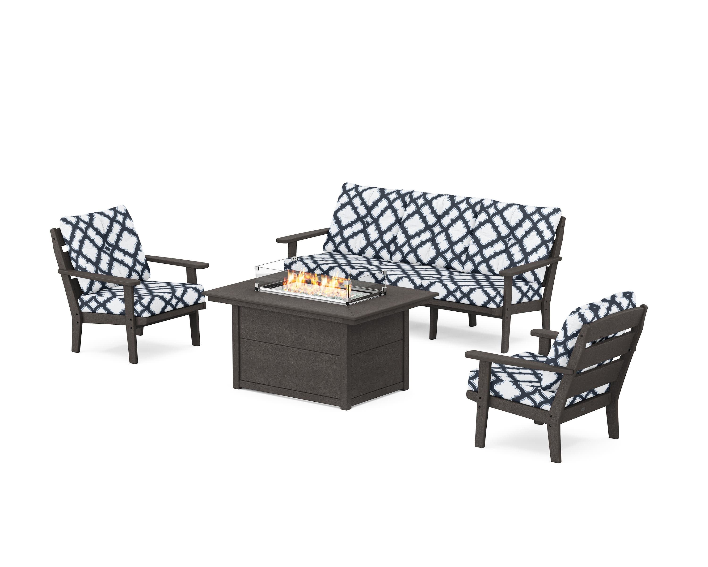 Lakeside Deep Seating Fire Pit Table Set in Vintage Coffee / Trellis Marine Indigo