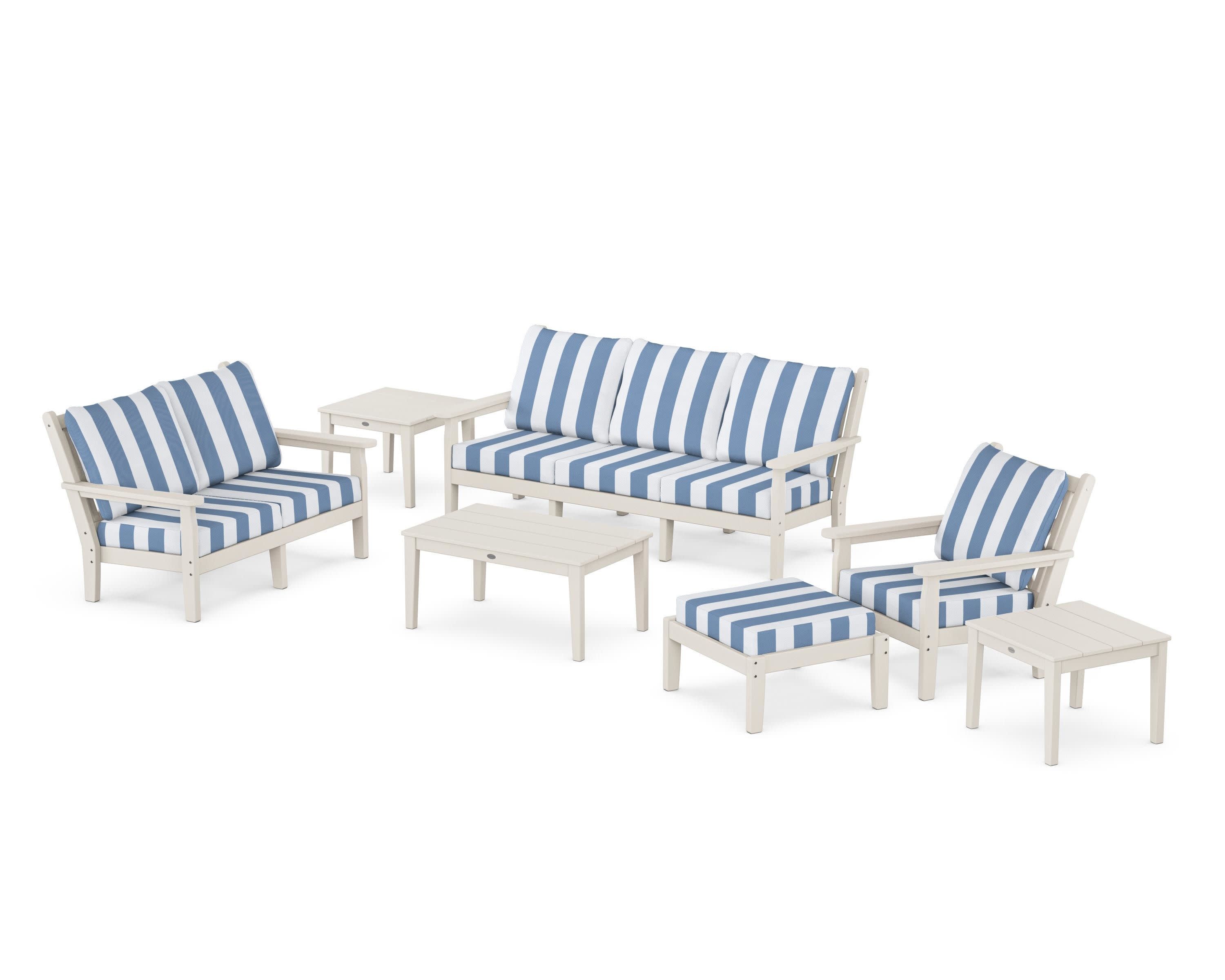 Chippendale 7-Piece Deep Seating Set in Sand / Cabana Stripe Sky Blue