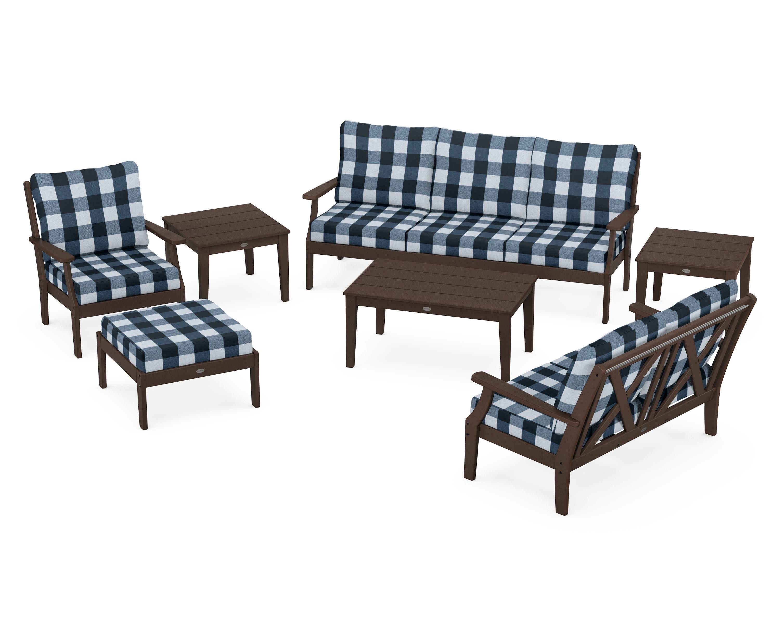 Braxton 7-Piece Deep Seating Set in Mahogany / Buffalo Plaid Marine Indigo