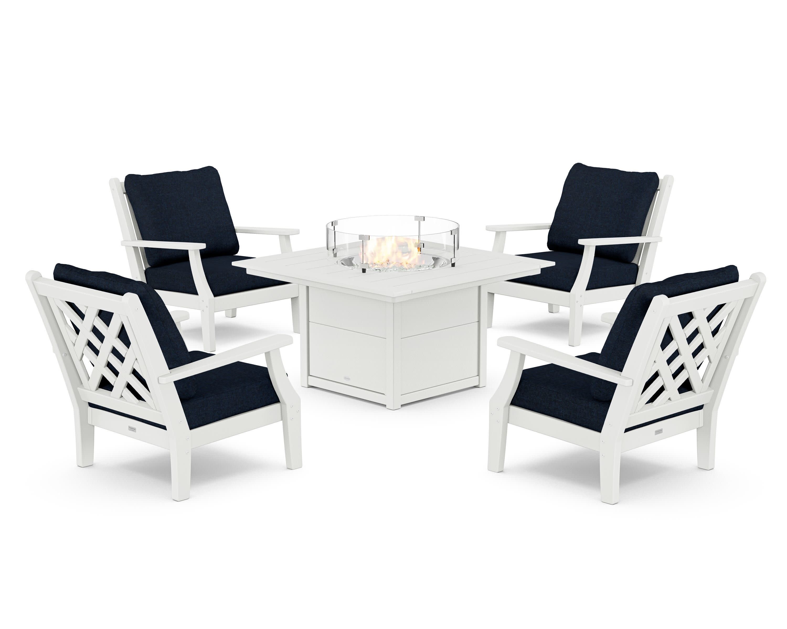 Wovendale 5-Piece Deep Seating Set with Fire Pit Table in White / Marine Indigo
