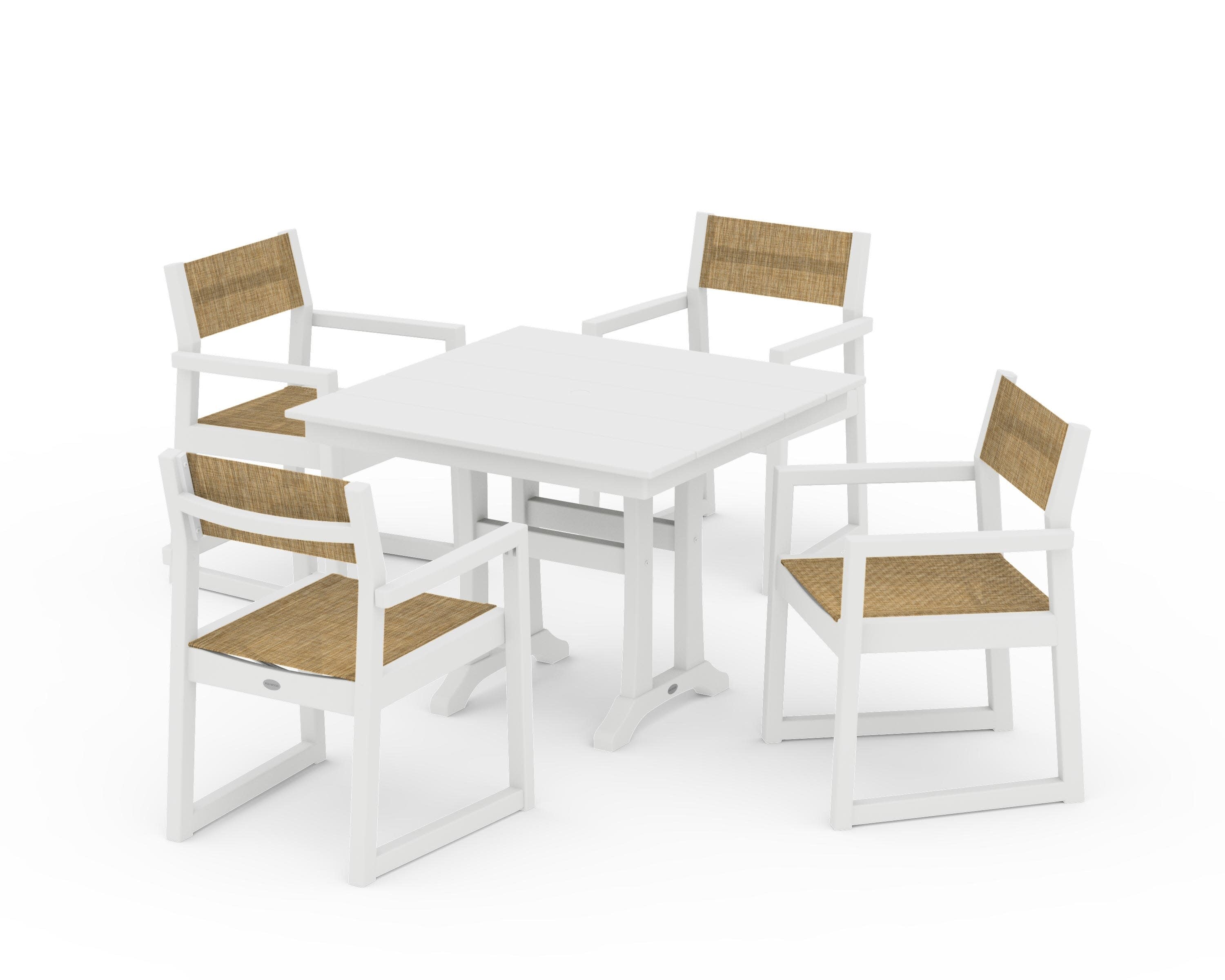 EDGE Sling 5-Piece Farmhouse Dining Set with Trestle Legs in White / Burlap Sling
