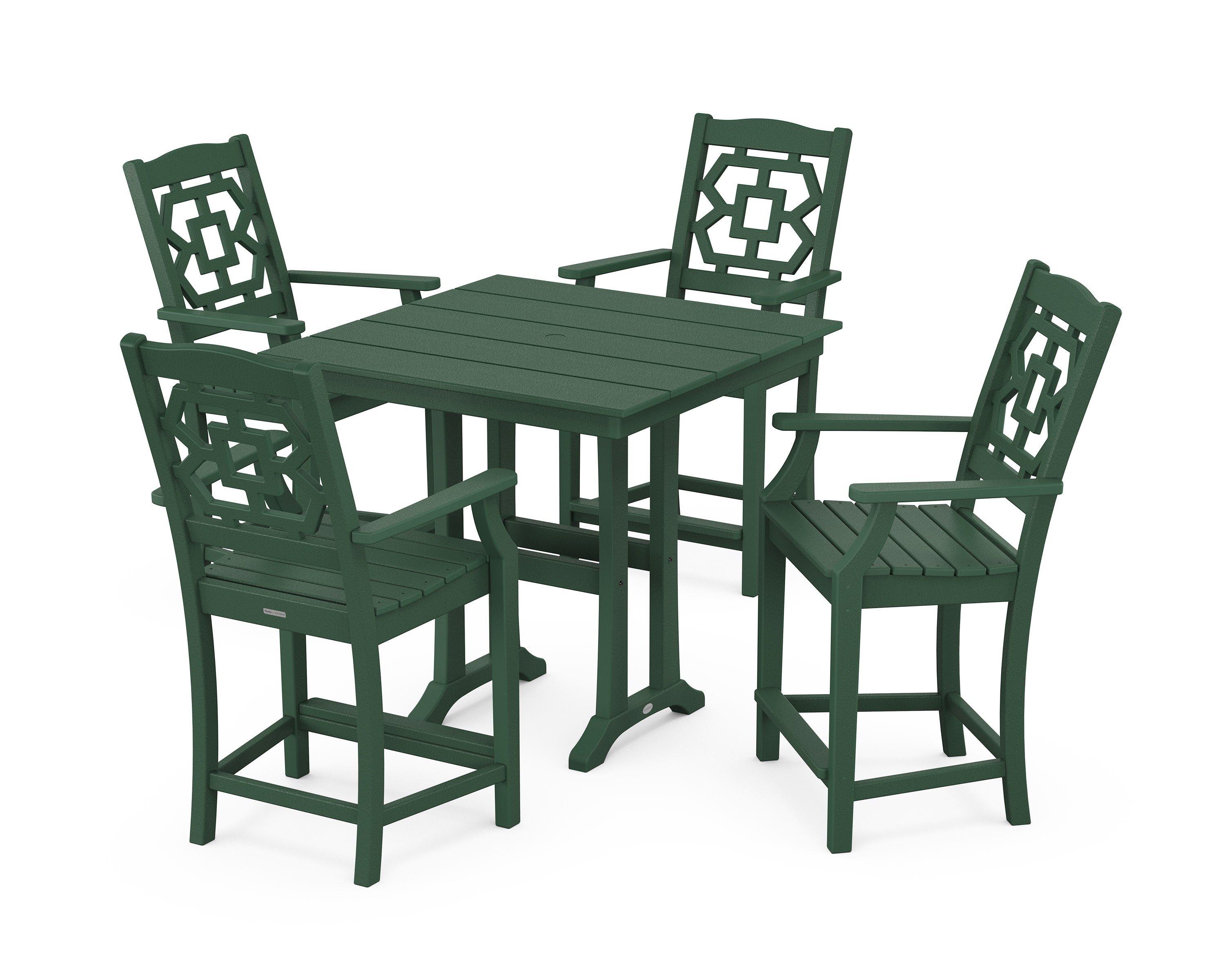 Chinoiserie 5-Piece Farmhouse Counter Set with Trestle Legs in Green