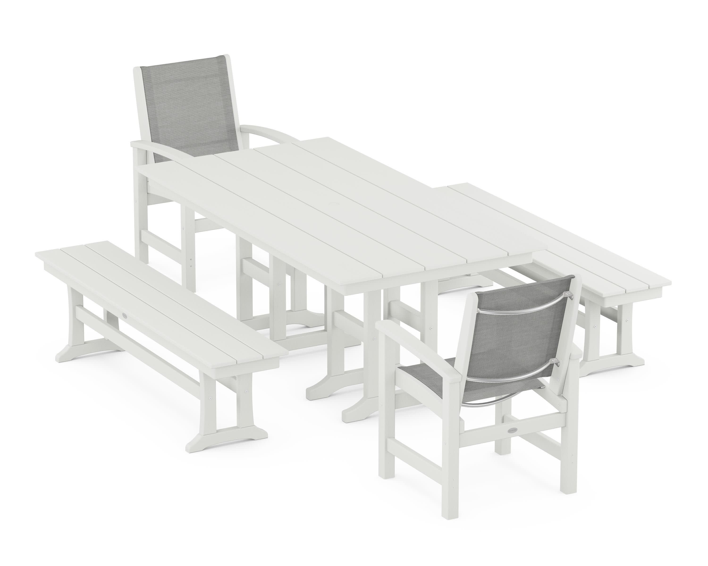 Coastal 5-Piece Farmhouse Dining Set in Vintage White / Metallic Sling