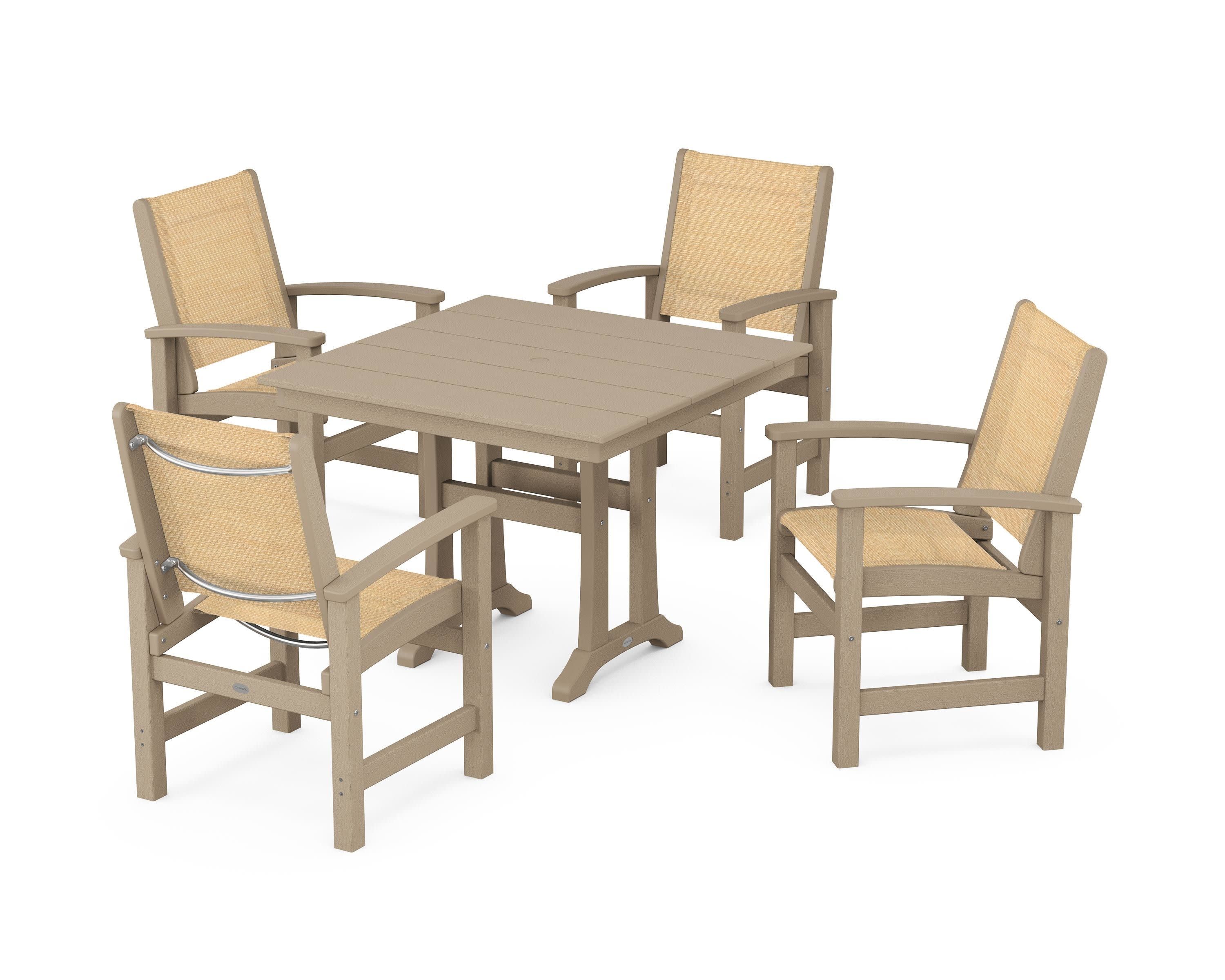 Coastal 5-Piece Farmhouse Dining Set With Trestle Legs in Vintage Sahara / Dupioni Apricot Sling