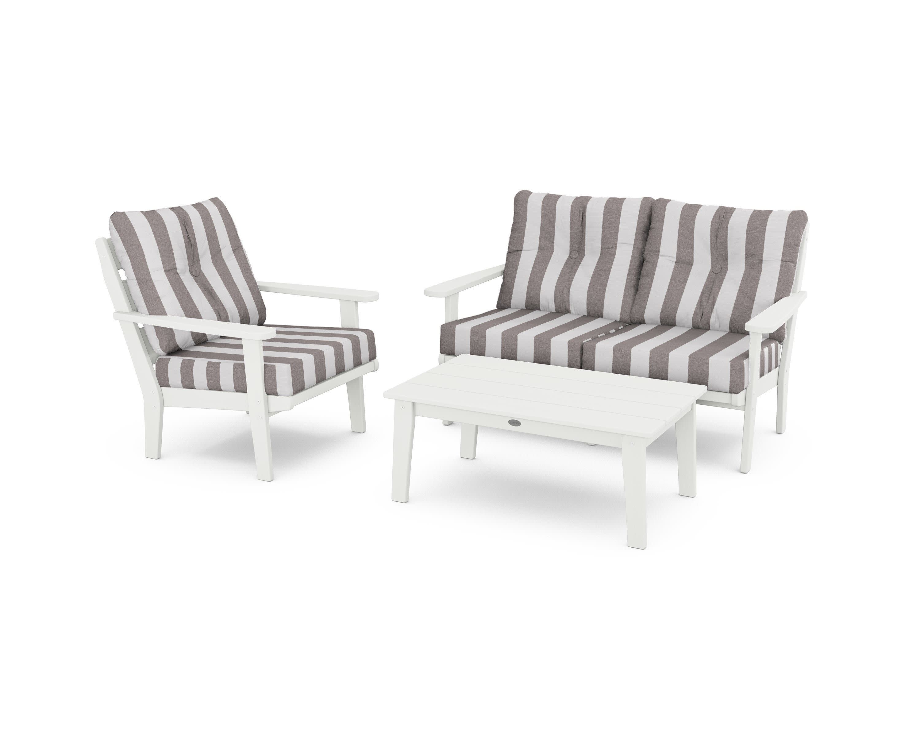Lakeside 3-Piece Deep Seating Set in Vintage White / Cabana Stripe Grey Mist