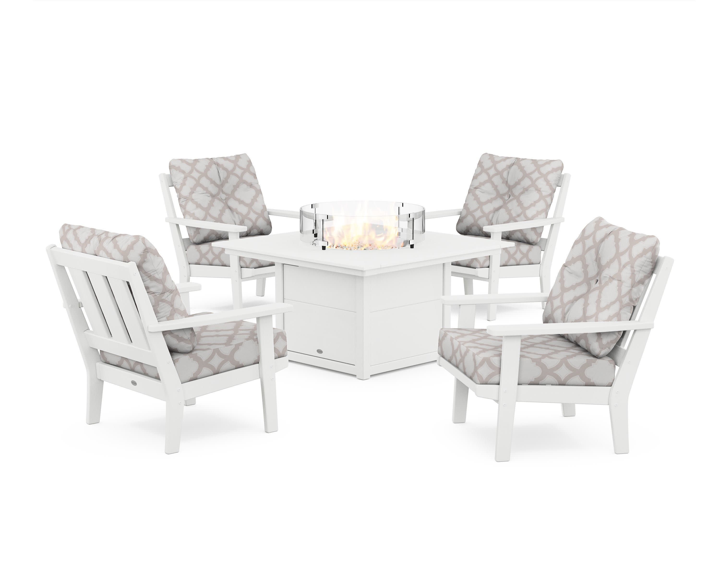 Oxford 5-Piece Deep Seating Set with Fire Pit Table in White / Trellis Dune Burlap