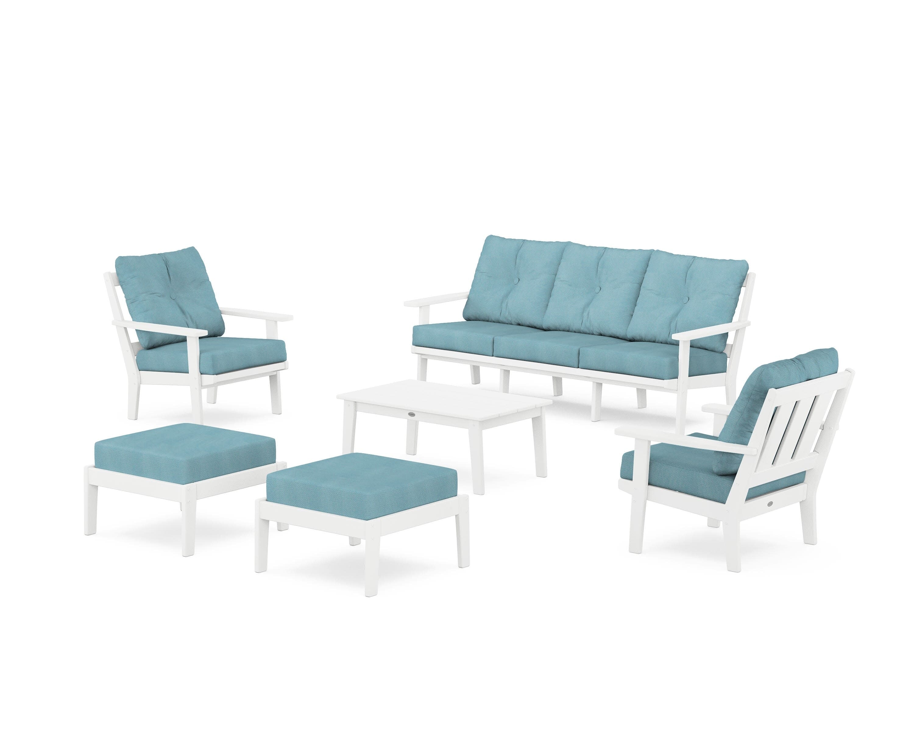 Oxford 6-Piece Lounge Sofa Set in White / Lattice Sky Blue