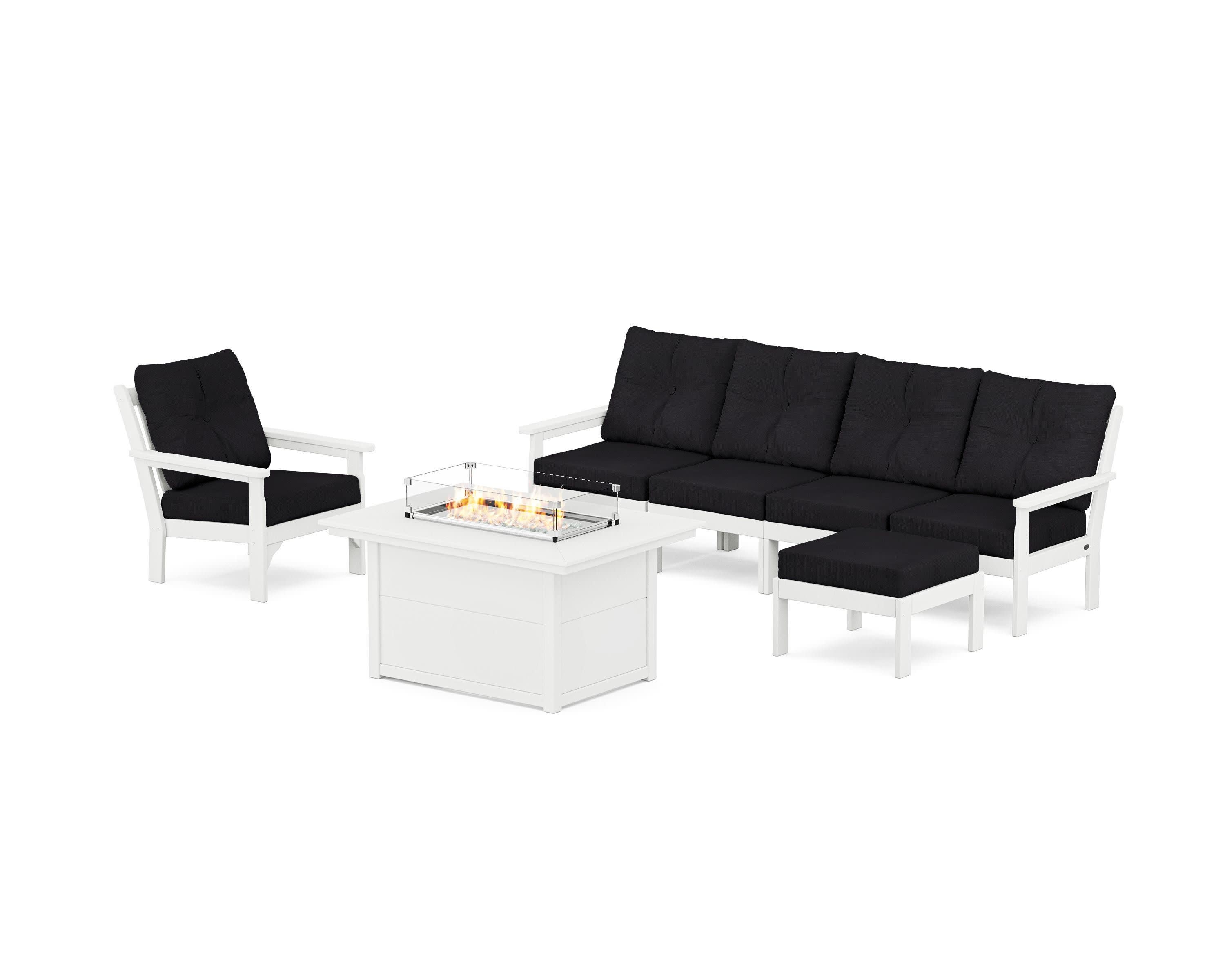 Vineyard Sectional Lounge and Fire Pit Set in White / Midnight Linen