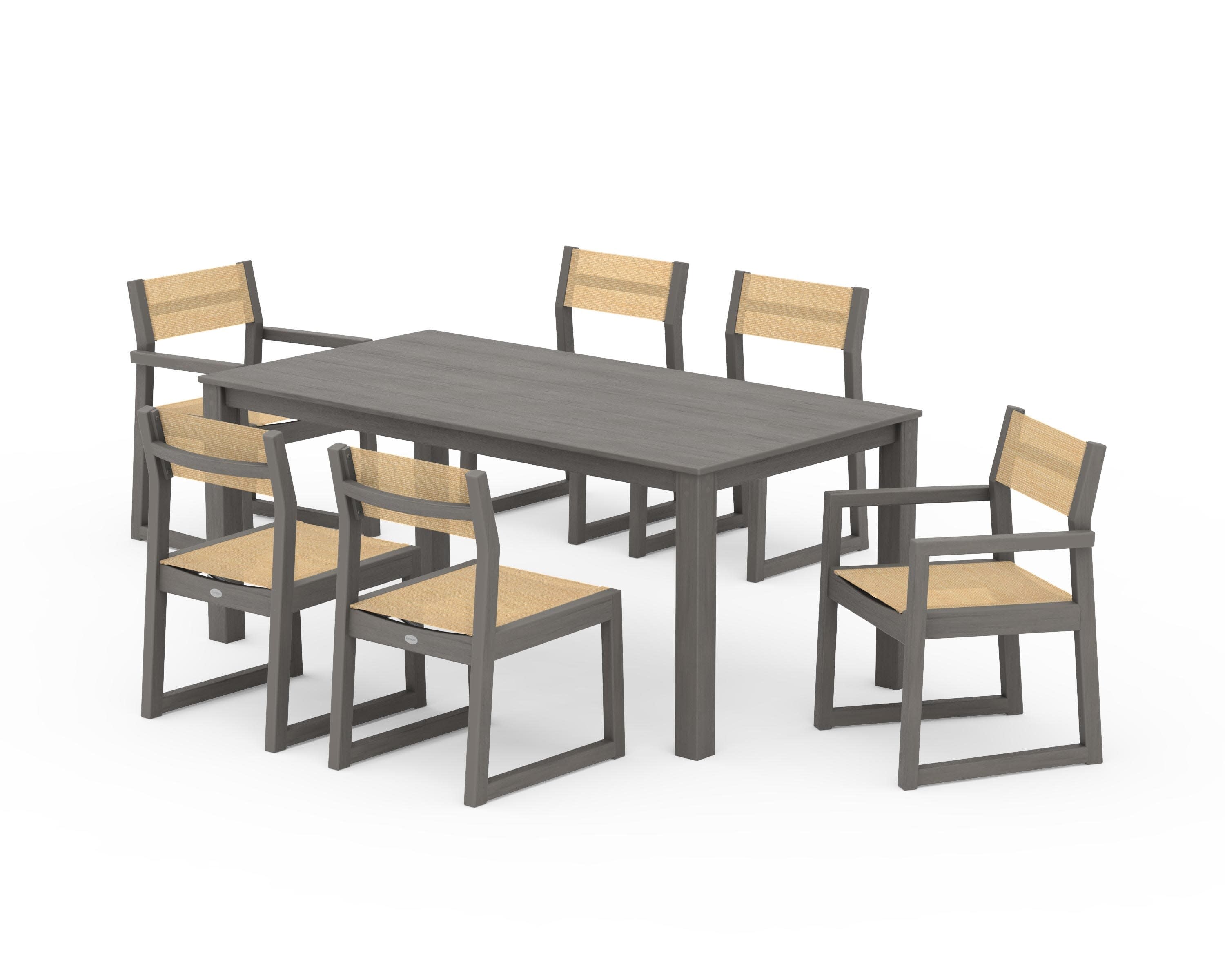 EDGE Sling 7-Piece Parsons Dining Set in Driftwood / Dupioni Apricot Sling