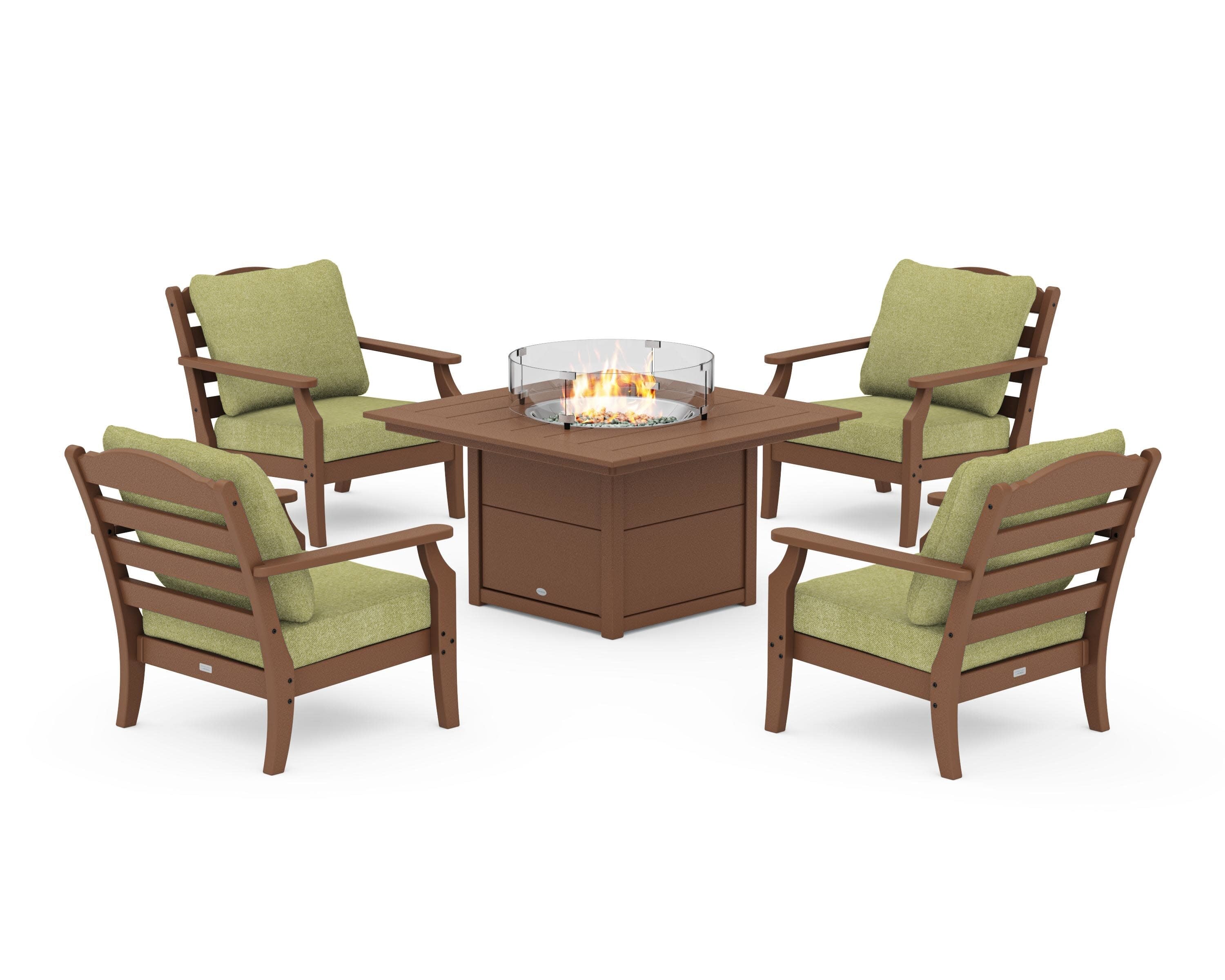 Savannah 5-Piece Deep Seating Set with Fire Pit Table in Teak / Chartreuse Boucle