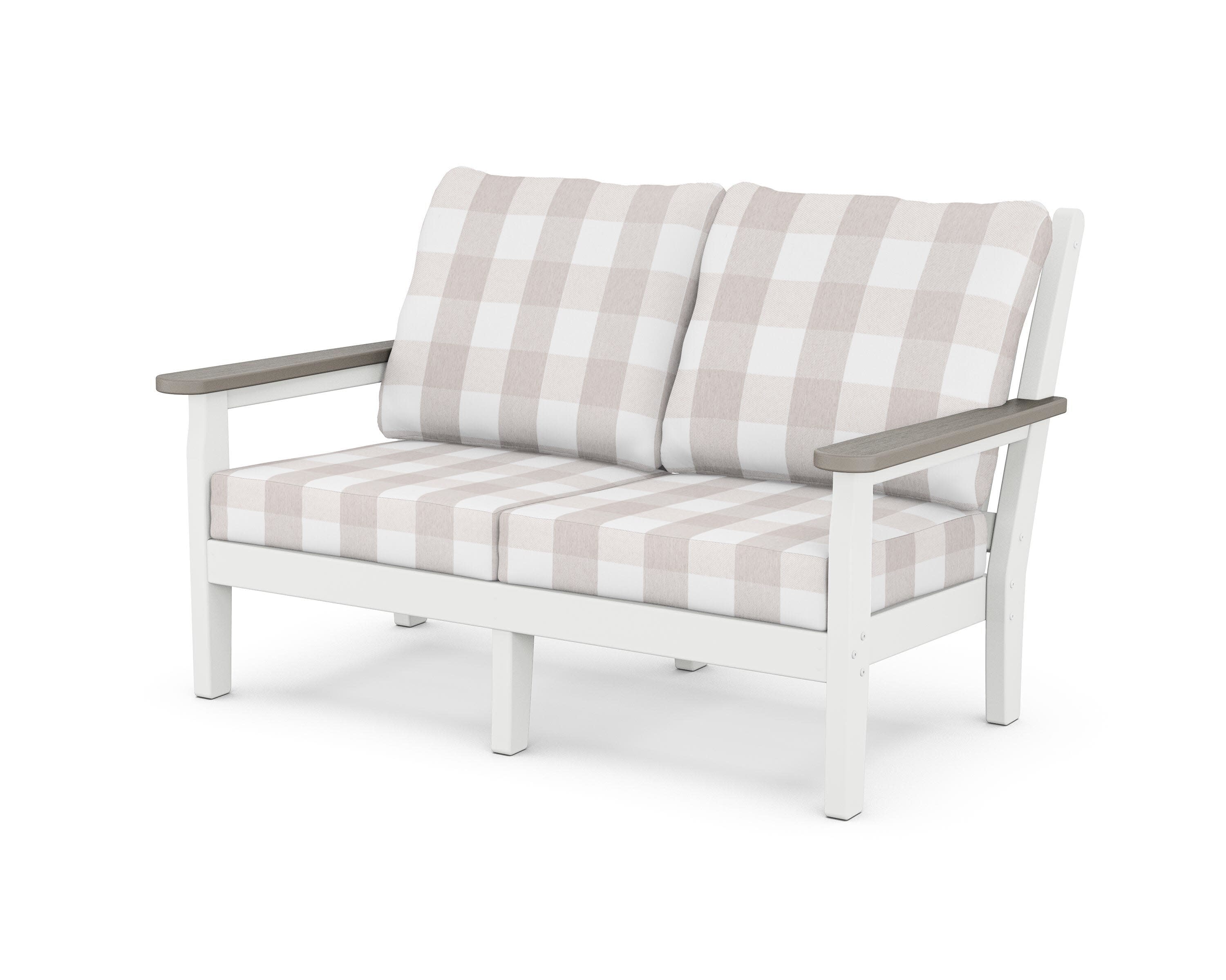 Chippendale Deep Seating Loveseat in White / Driftwood / Buffalo Plaid Dune Burlap