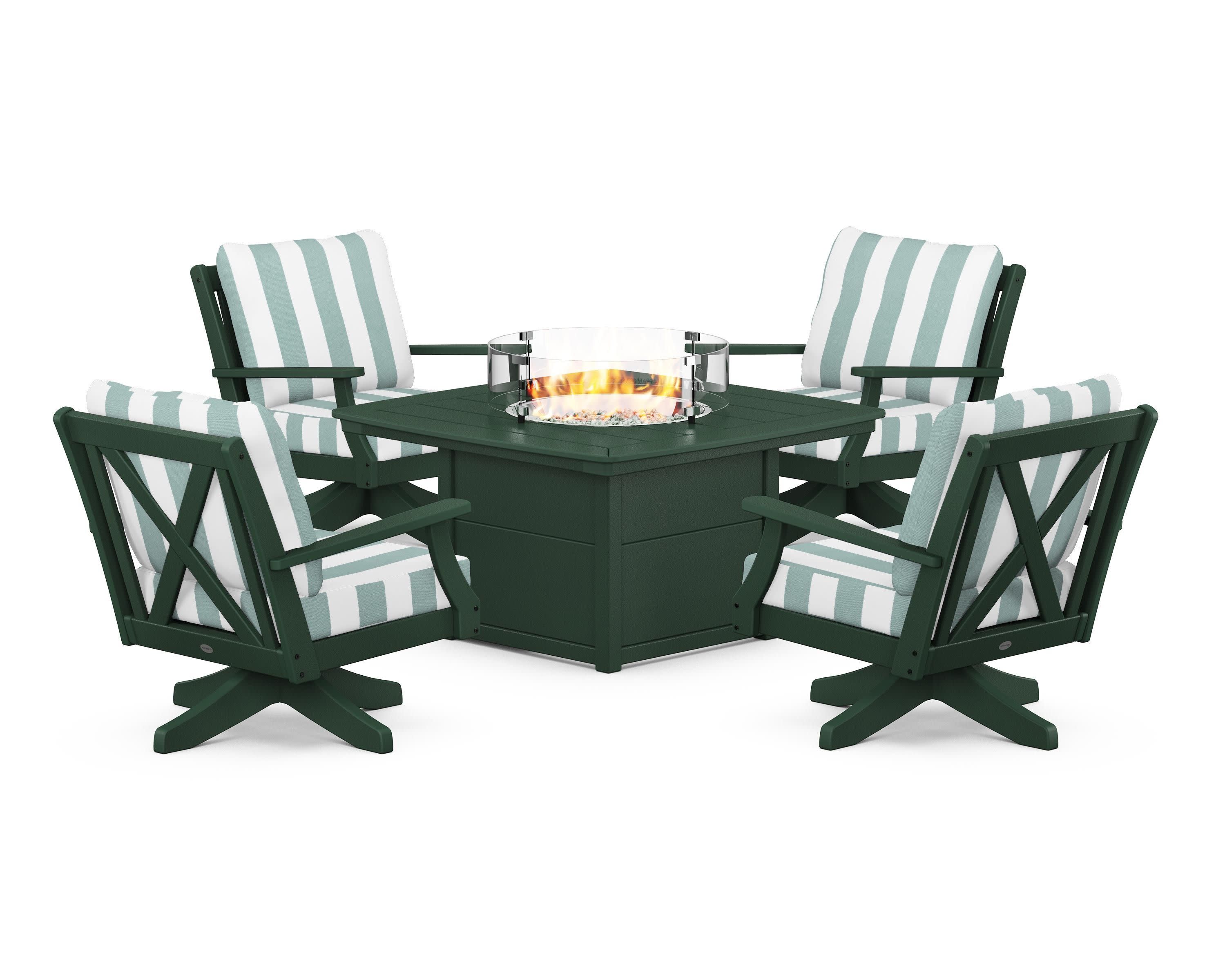 Braxton 5-Piece Deep Seating Swivel Conversation Set with Fire Pit Table in Green / Cabana Stripe Glacier Spa