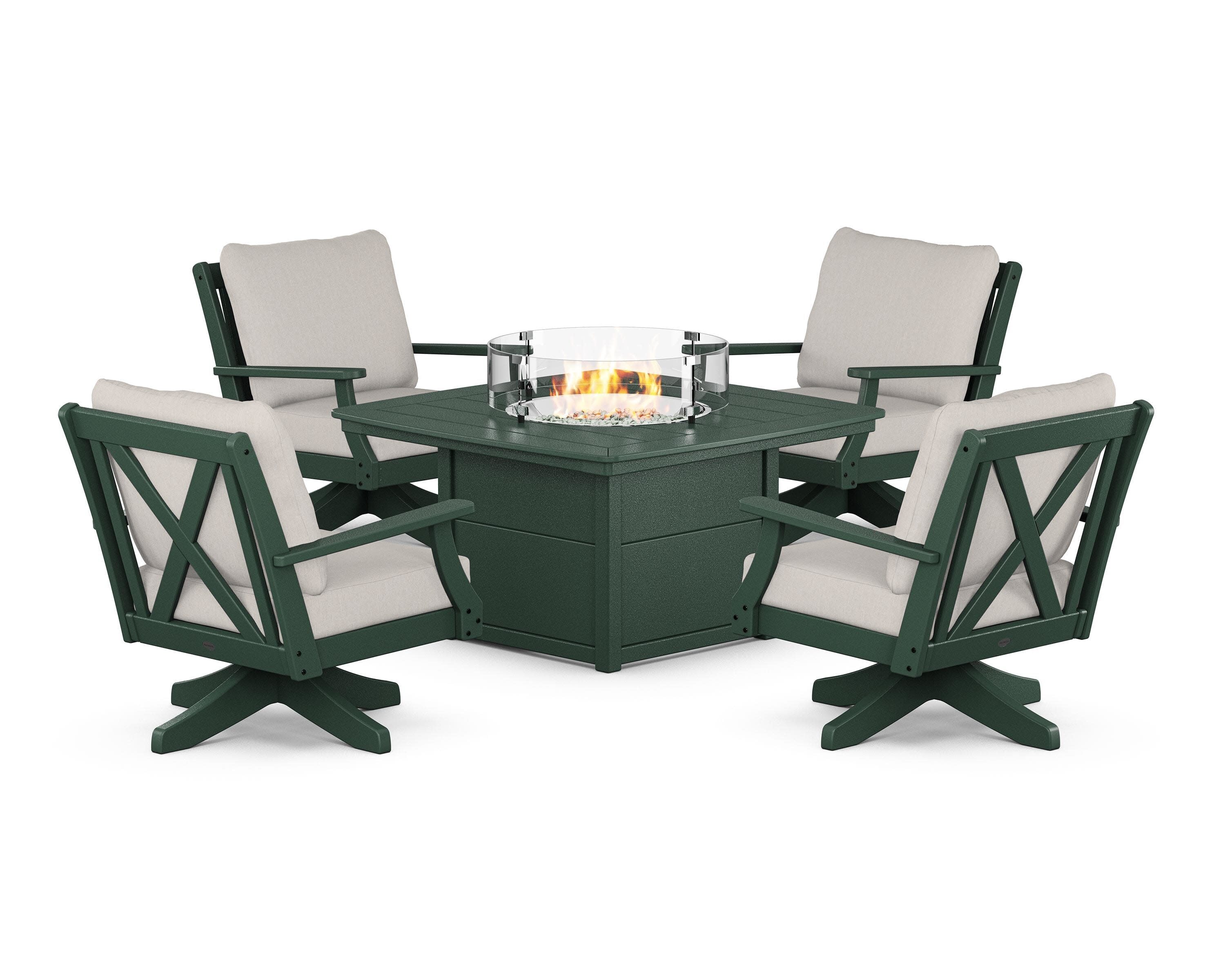 Braxton 5-Piece Deep Seating Swivel Conversation Set with Fire Pit Table in Green / Cast Ash