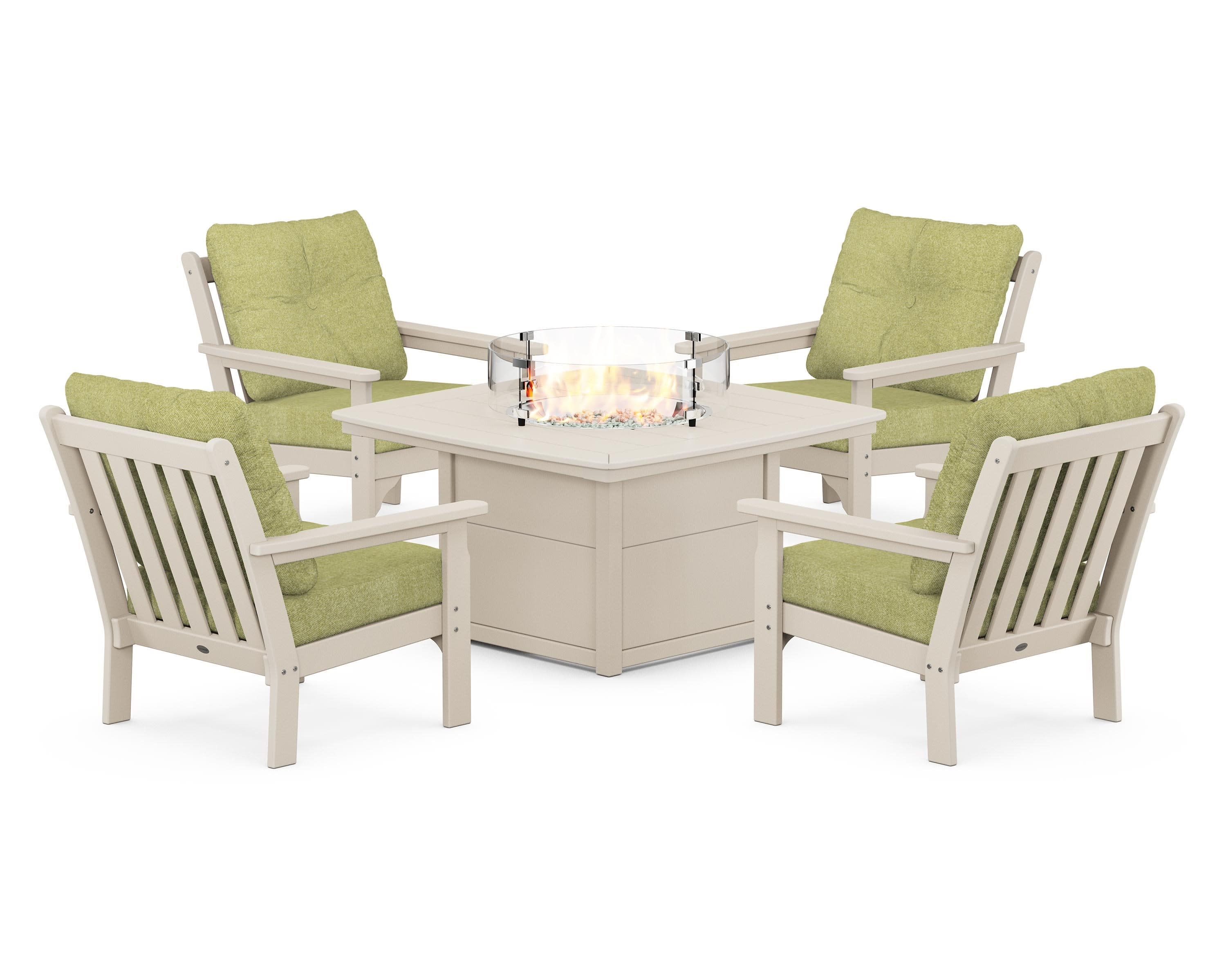 Vineyard 5-Piece Conversation Set with Fire Pit Table in Sand / Chartreuse Boucle