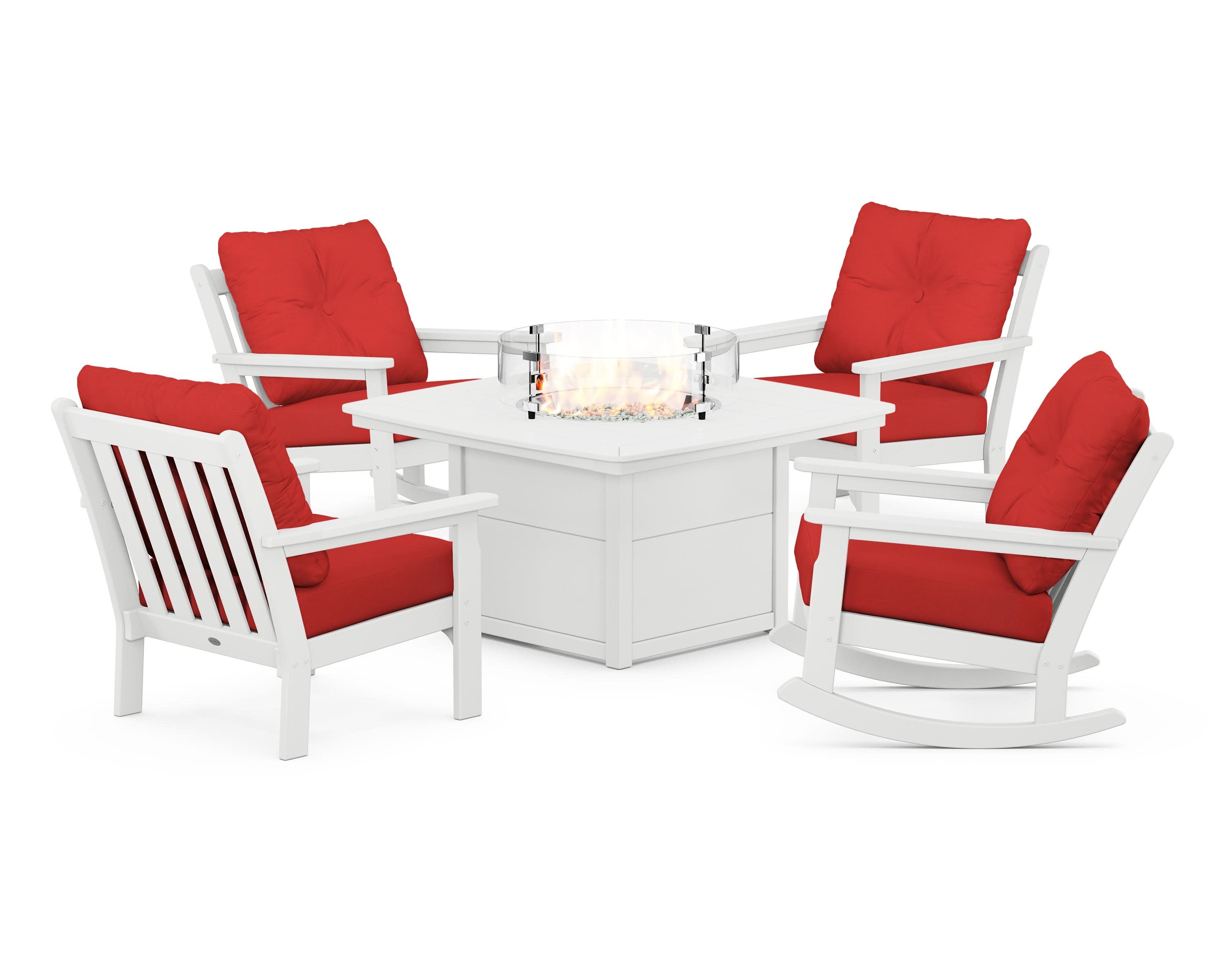 Vineyard 5-Piece Deep Seating Rocking Chair Conversation Set with Fire Pit Table in White / Crimson Linen