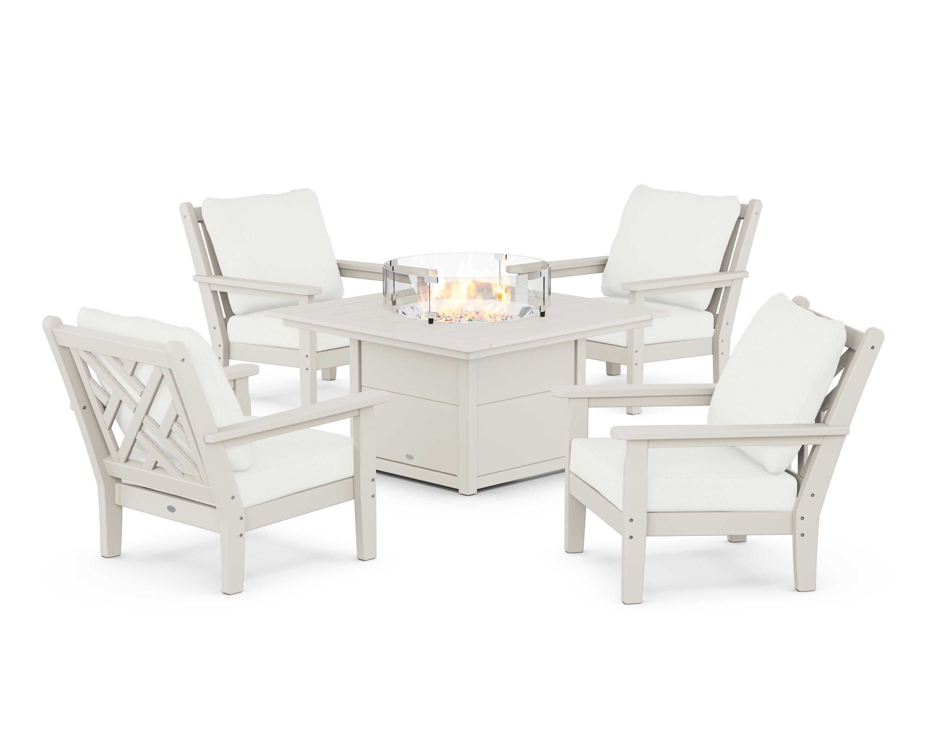 Chippendale 5-Piece Deep Seating Set with Fire Pit Table in Sand / Natural Linen