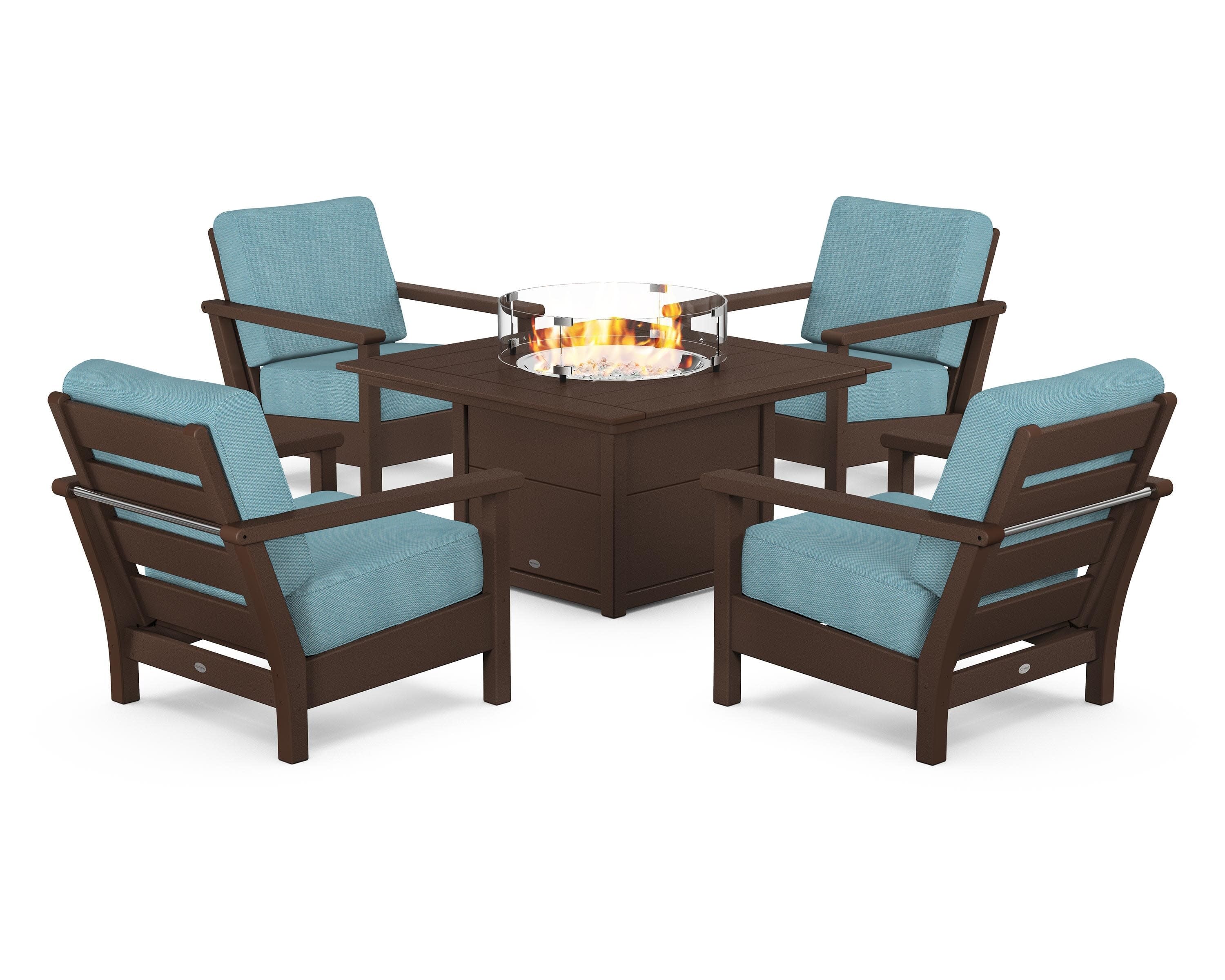 Harbour 5-Piece Conversation Set with Fire Pit Table in Mahogany / Lattice Sky Blue