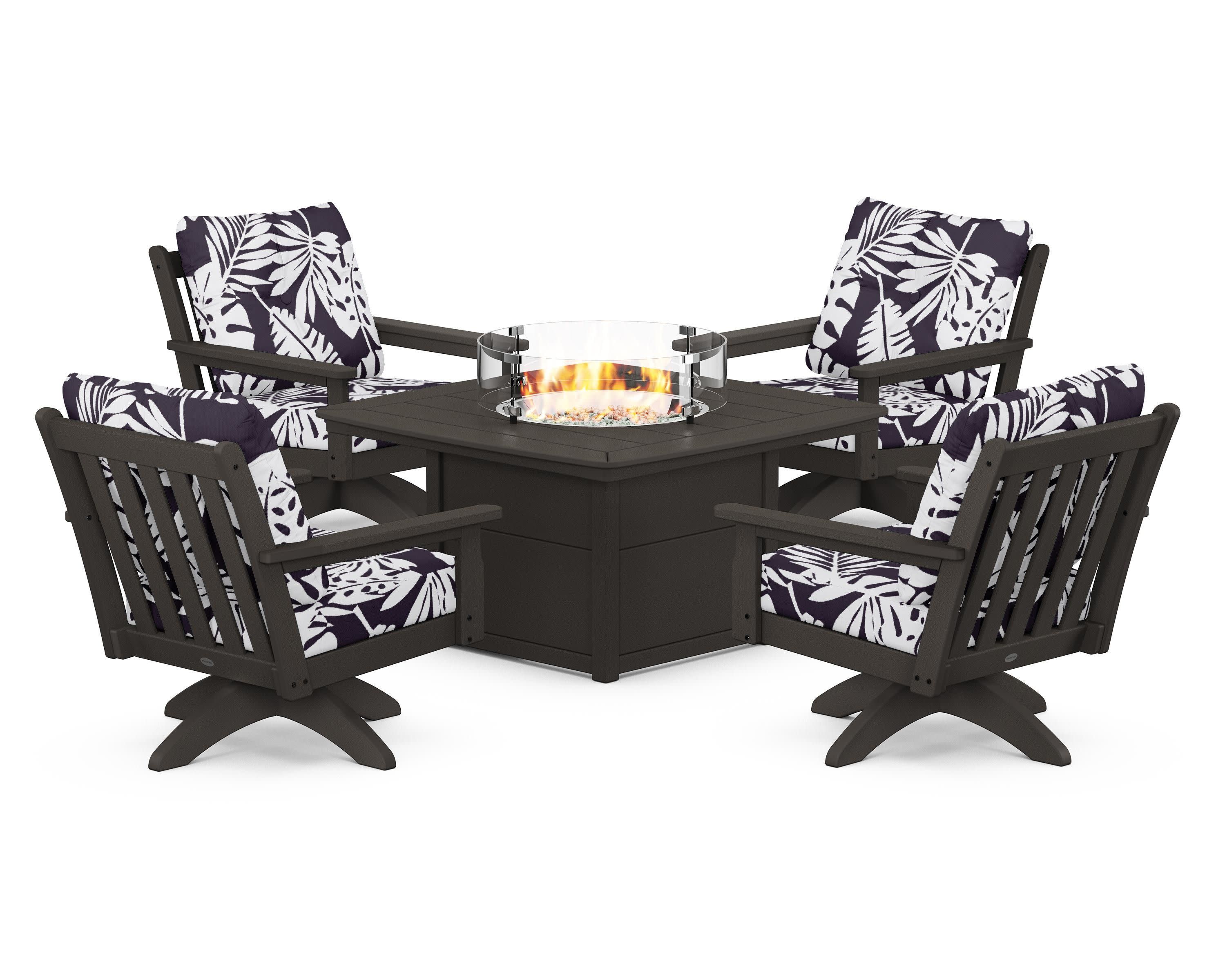 Vineyard 5-Piece Deep Seating Swivel Conversation Set with Fire Pit Table in Vintage Coffee / Leaf Navy