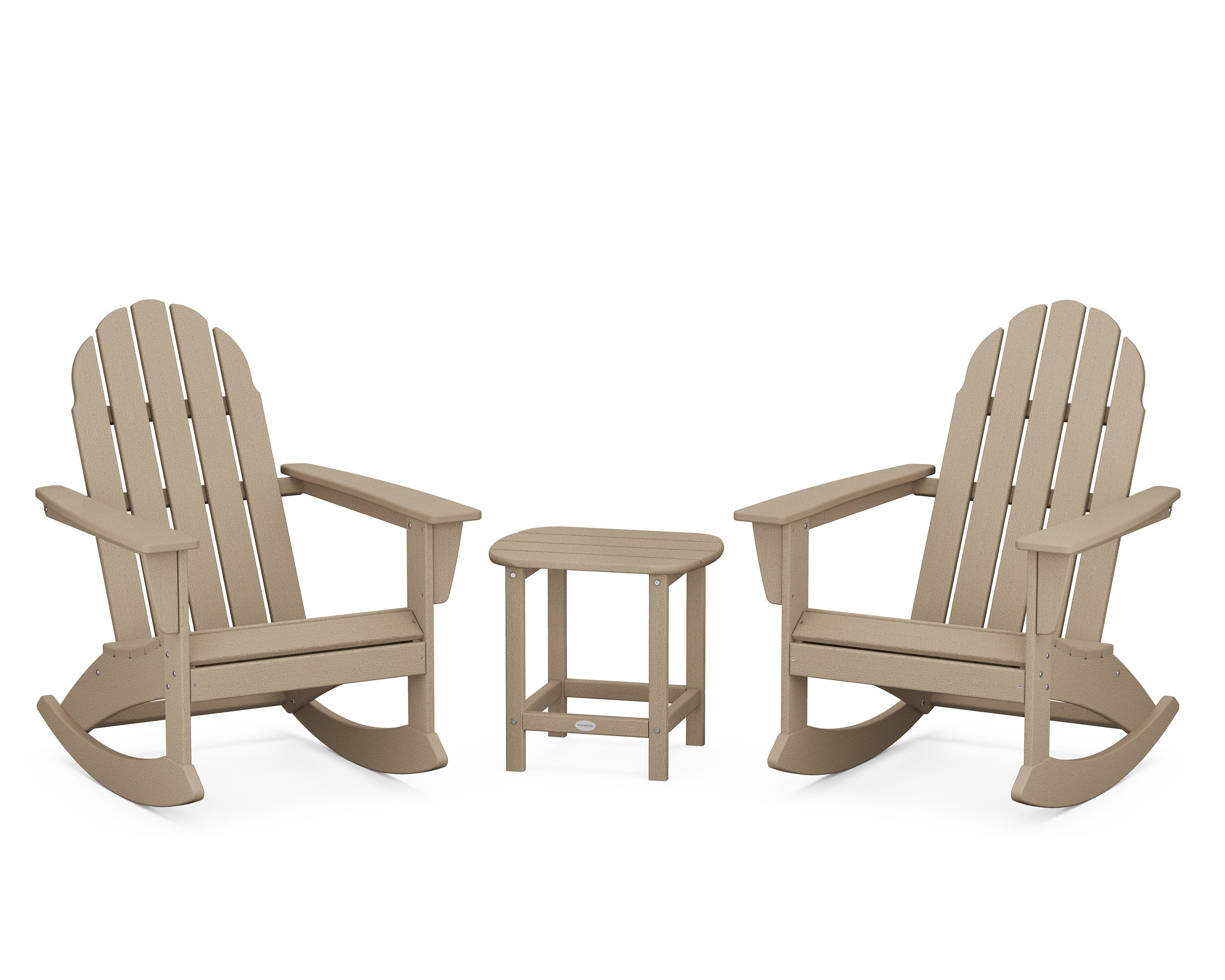 Vineyard 3-Piece Adirondack Rocking Chair Set with South Beach 18" Side Table in Vintage Sahara