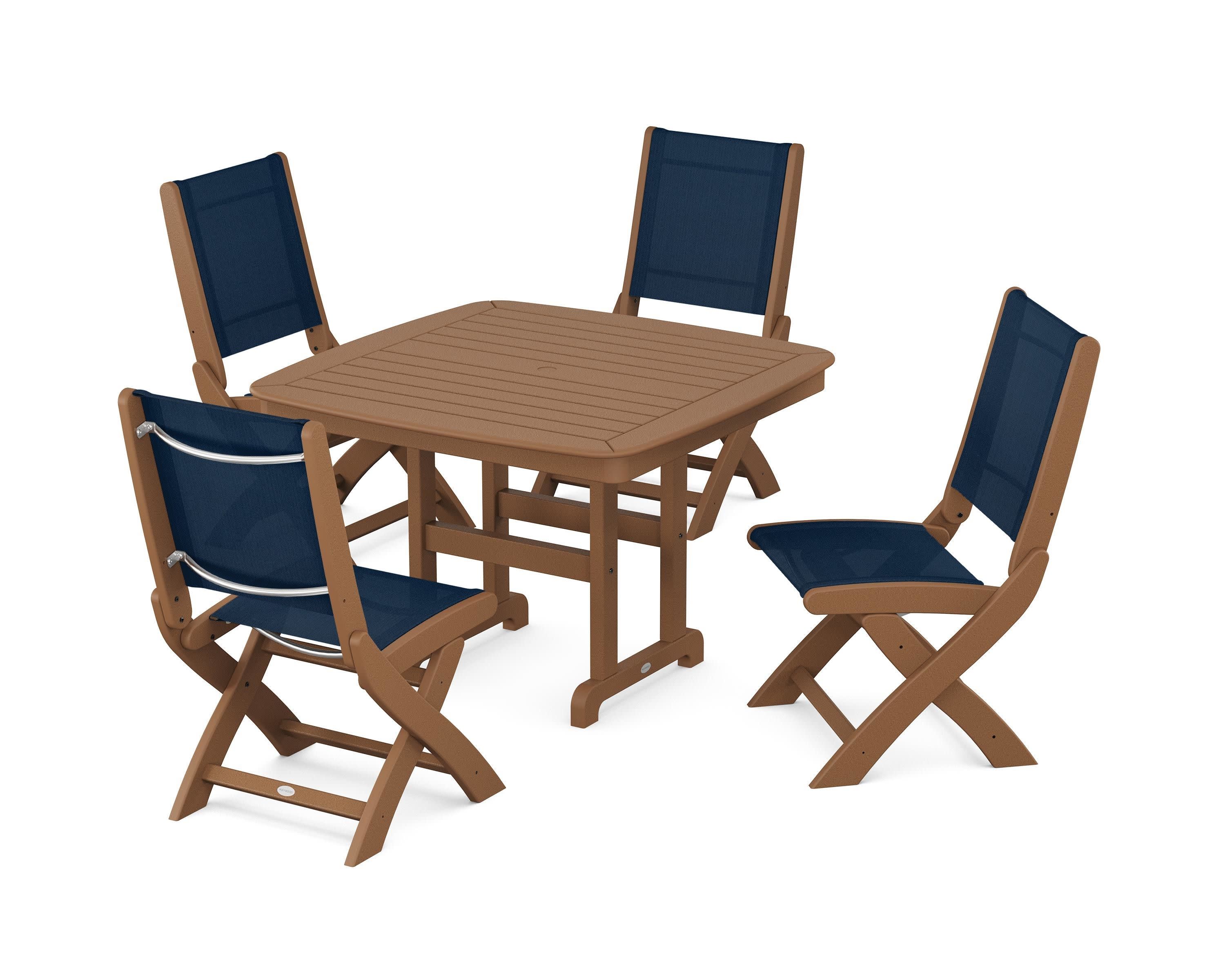 Coastal Folding Side Chair 5-Piece Dining Set in Teak / Navy Blue Sling