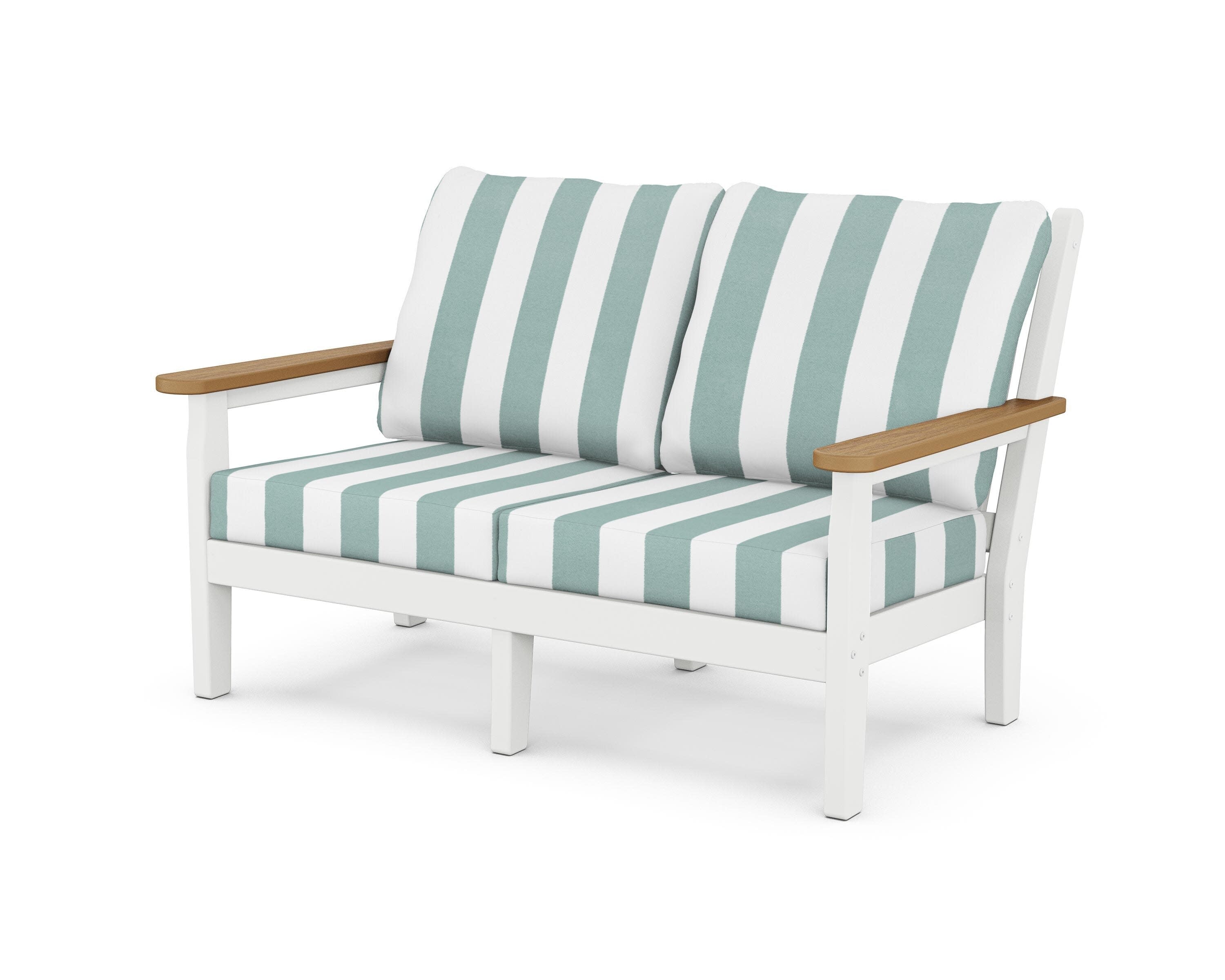 Chippendale Deep Seating Loveseat in White / Natural / Cabana Stripe Glacier Spa