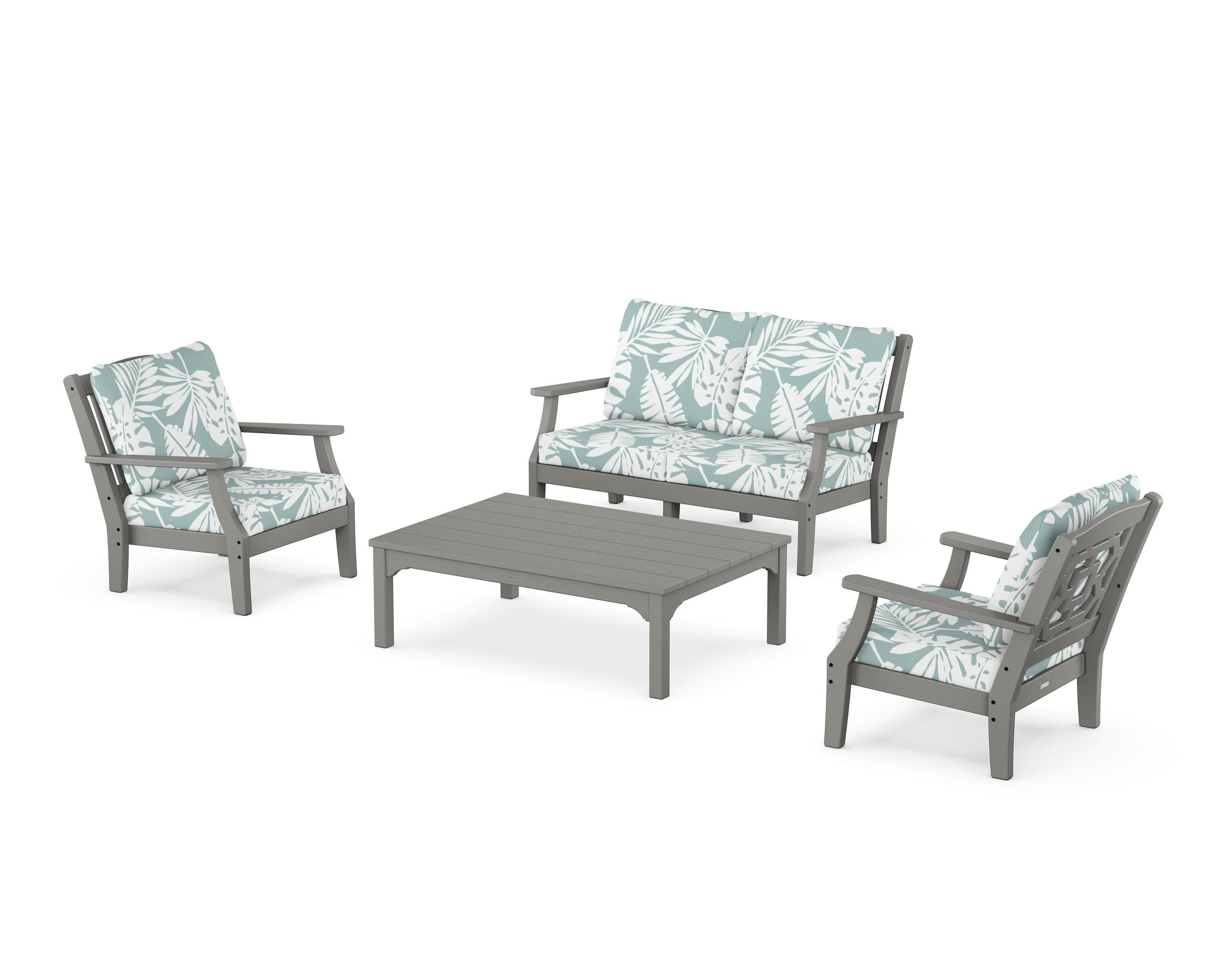 Chinoiserie 4-Piece Deep Seating Set with Loveseat in Slate Grey / Leaf Glacier Spa