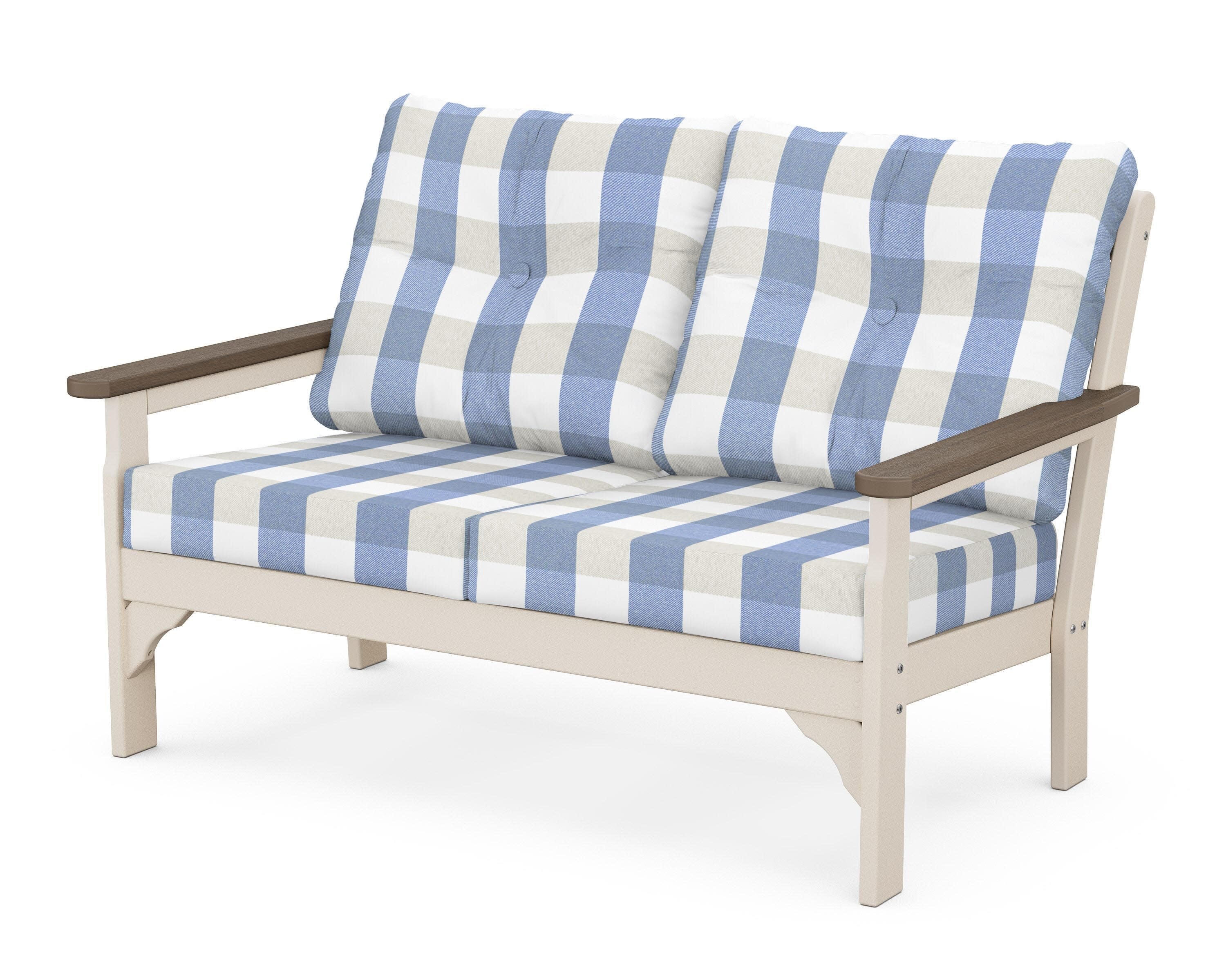 Vineyard Deep Seating Loveseat in Sand / Kona / Buffalo Plaid Sky Blue