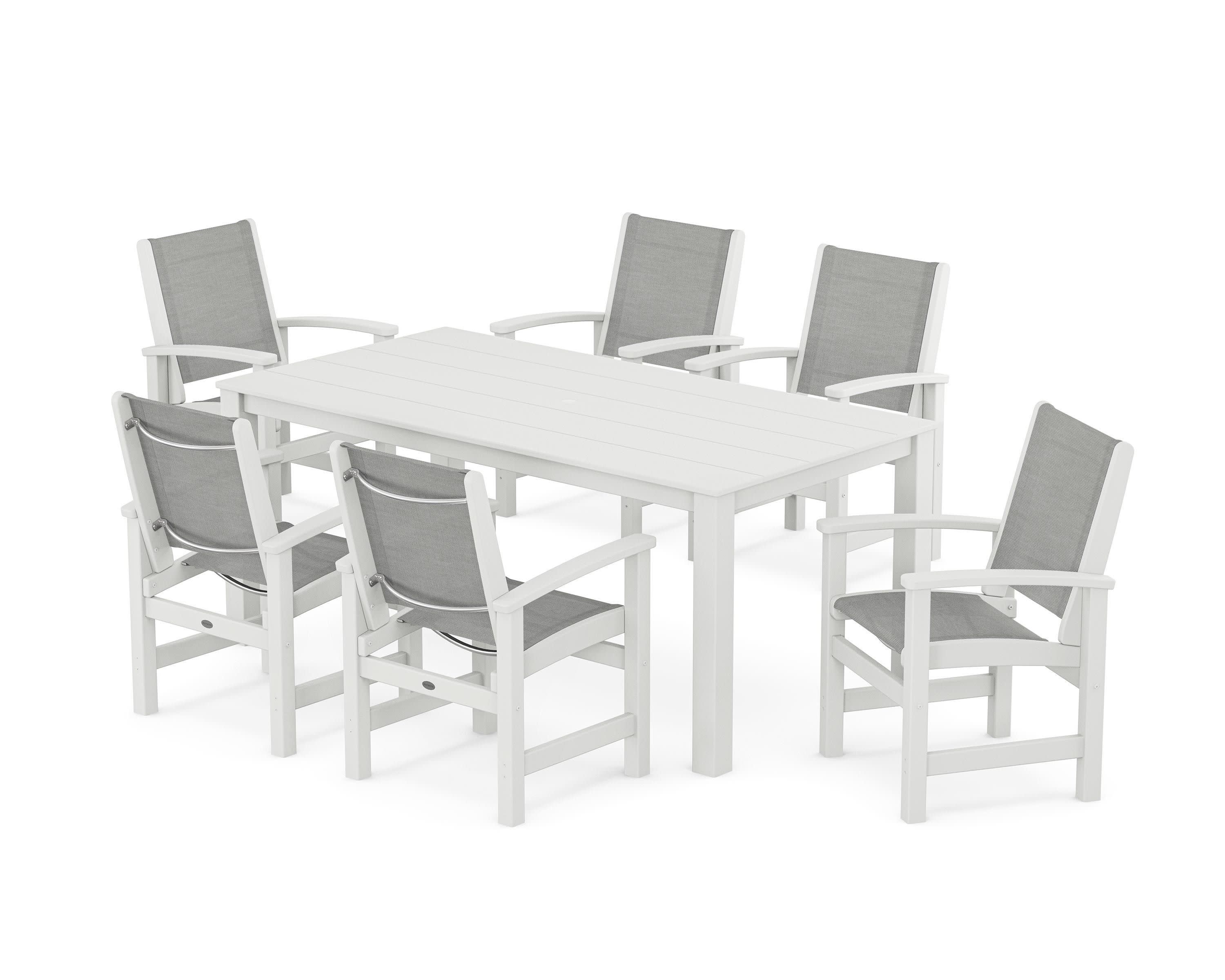 Coastal 7-Piece Parsons Dining Set in White / Metallic Sling