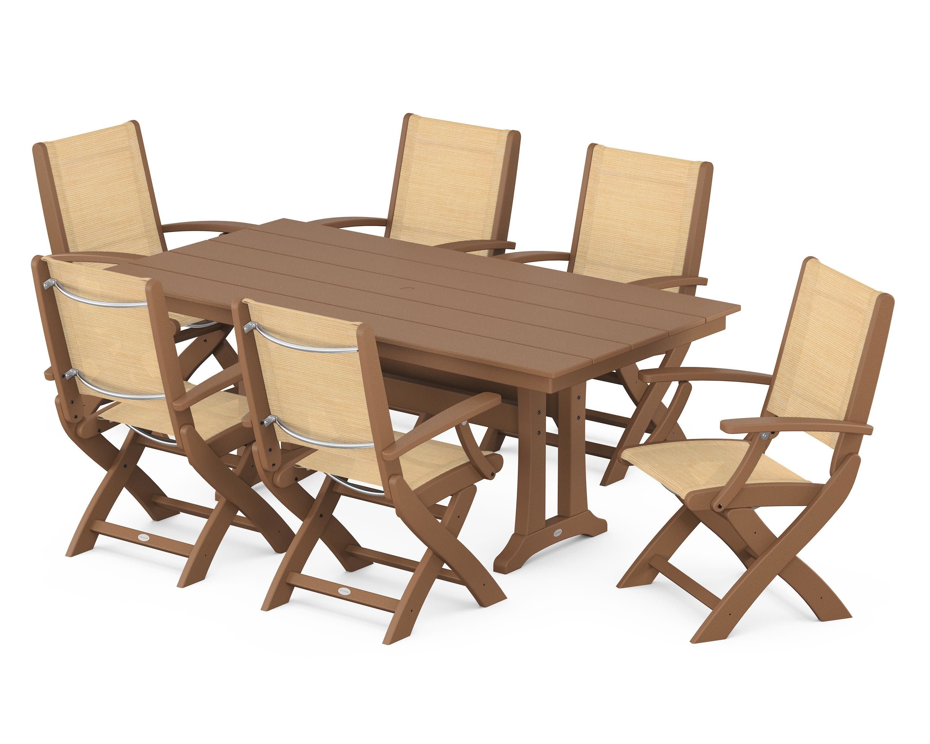 Coastal Folding Arm Chair 7-Piece Farmhouse Dining Set with Trestle Legs in Teak / Dupioni Apricot Sling