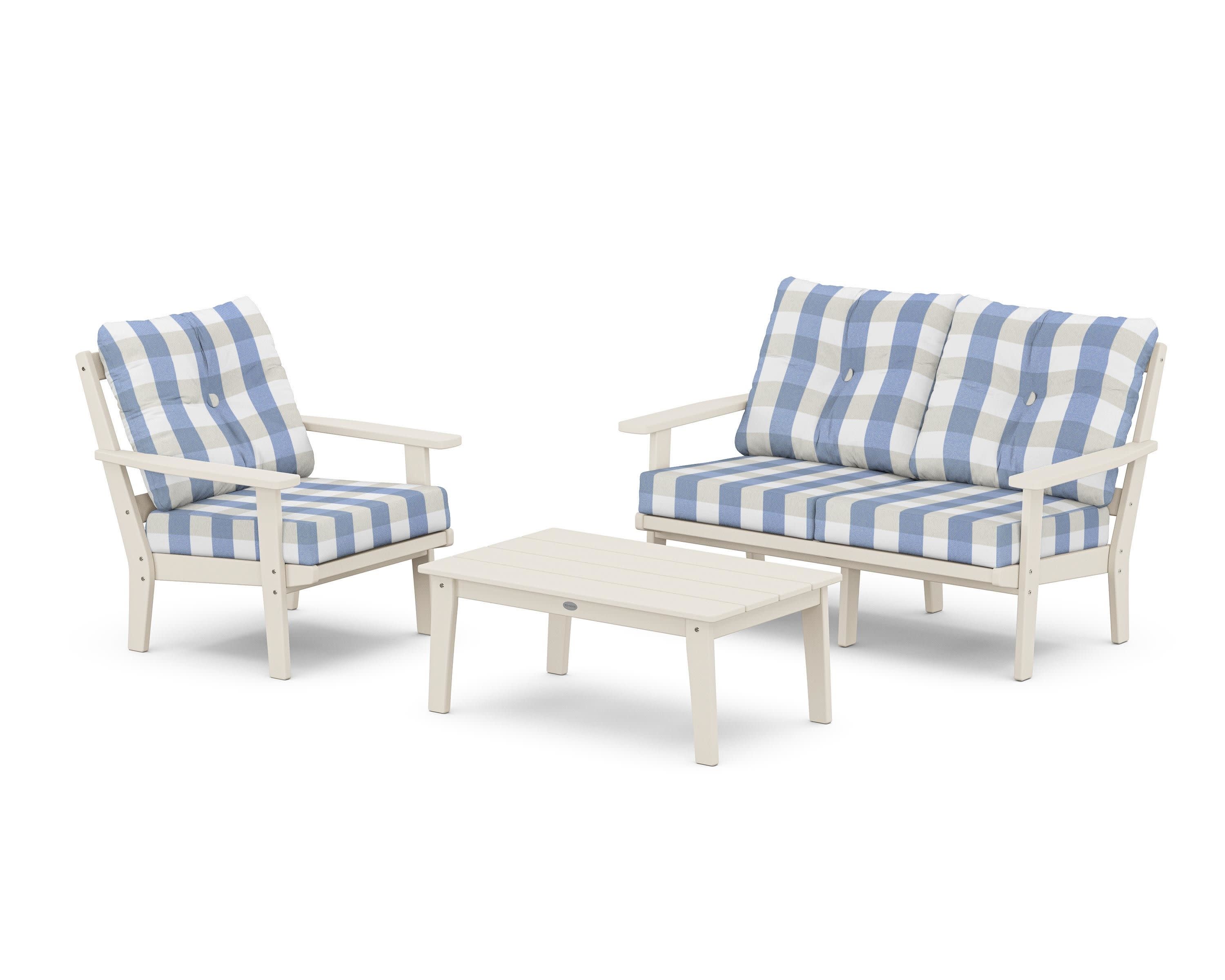 Oxford 3-Piece Deep Seating Set with Loveseat in Sand / Buffalo Plaid Sky Blue