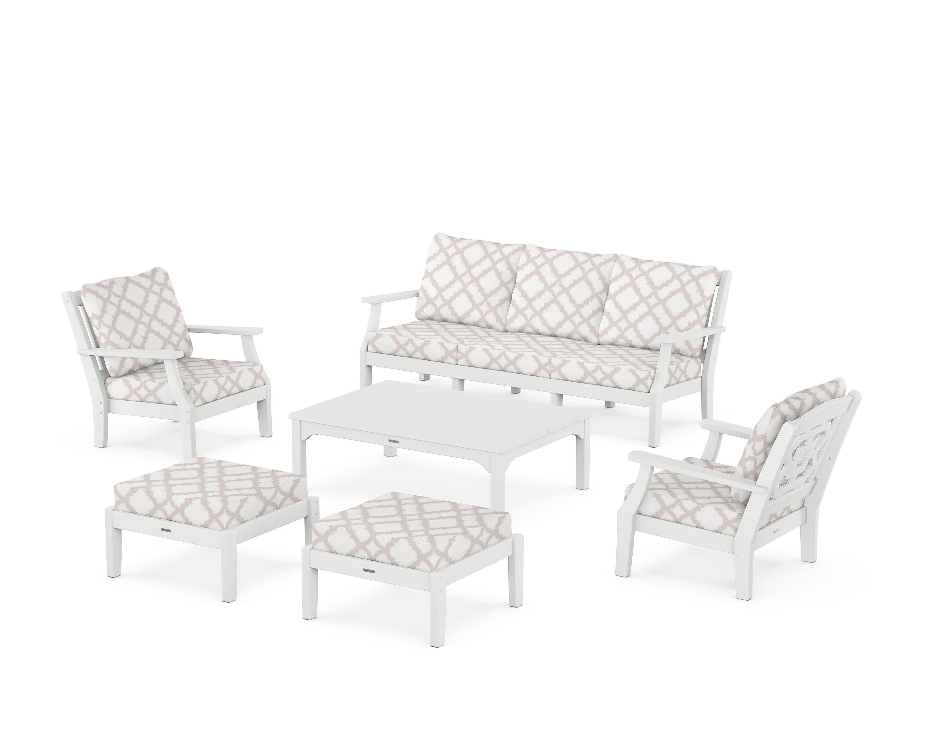 Chinoiserie 6-Piece Lounge Sofa Set in White / Trellis Dune Burlap