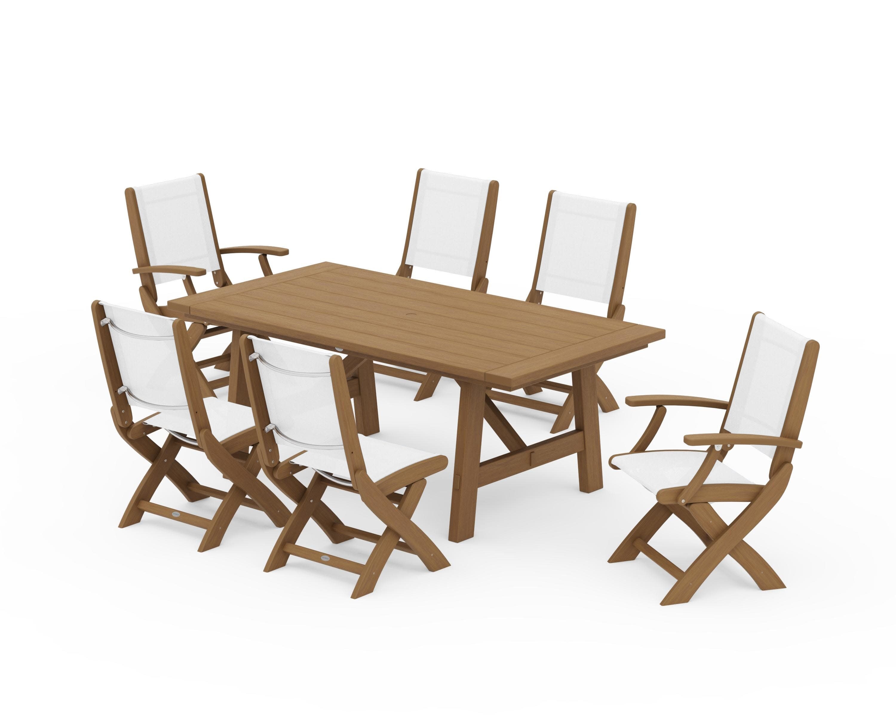 Coastal Folding Chair 7-Piece Rustic Farmhouse Dining Set in Natural / White Sling