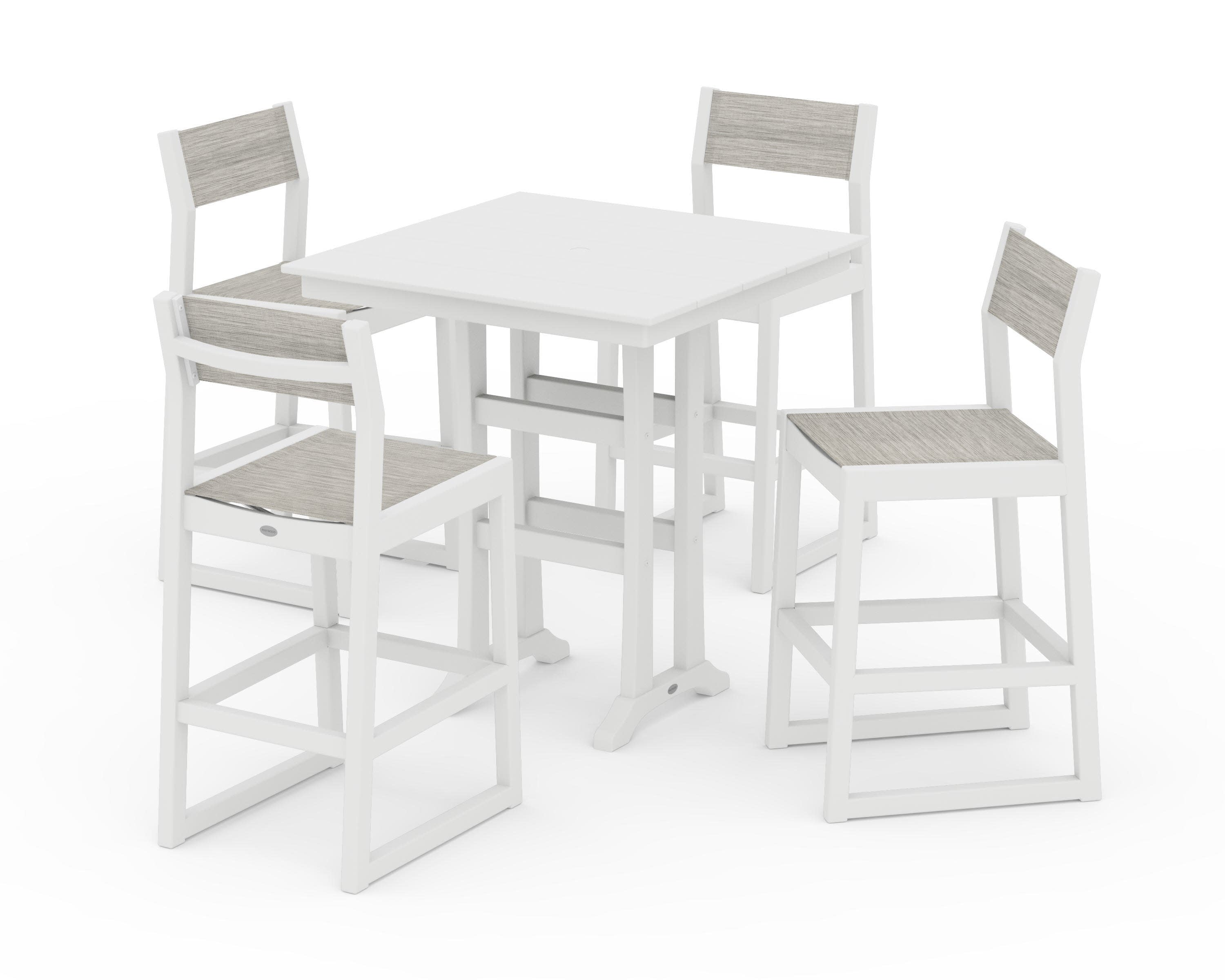 EDGE Sling Arm Chair 5-Piece Farmhouse Bar Set with Trestle Legs in White / Birch Sling