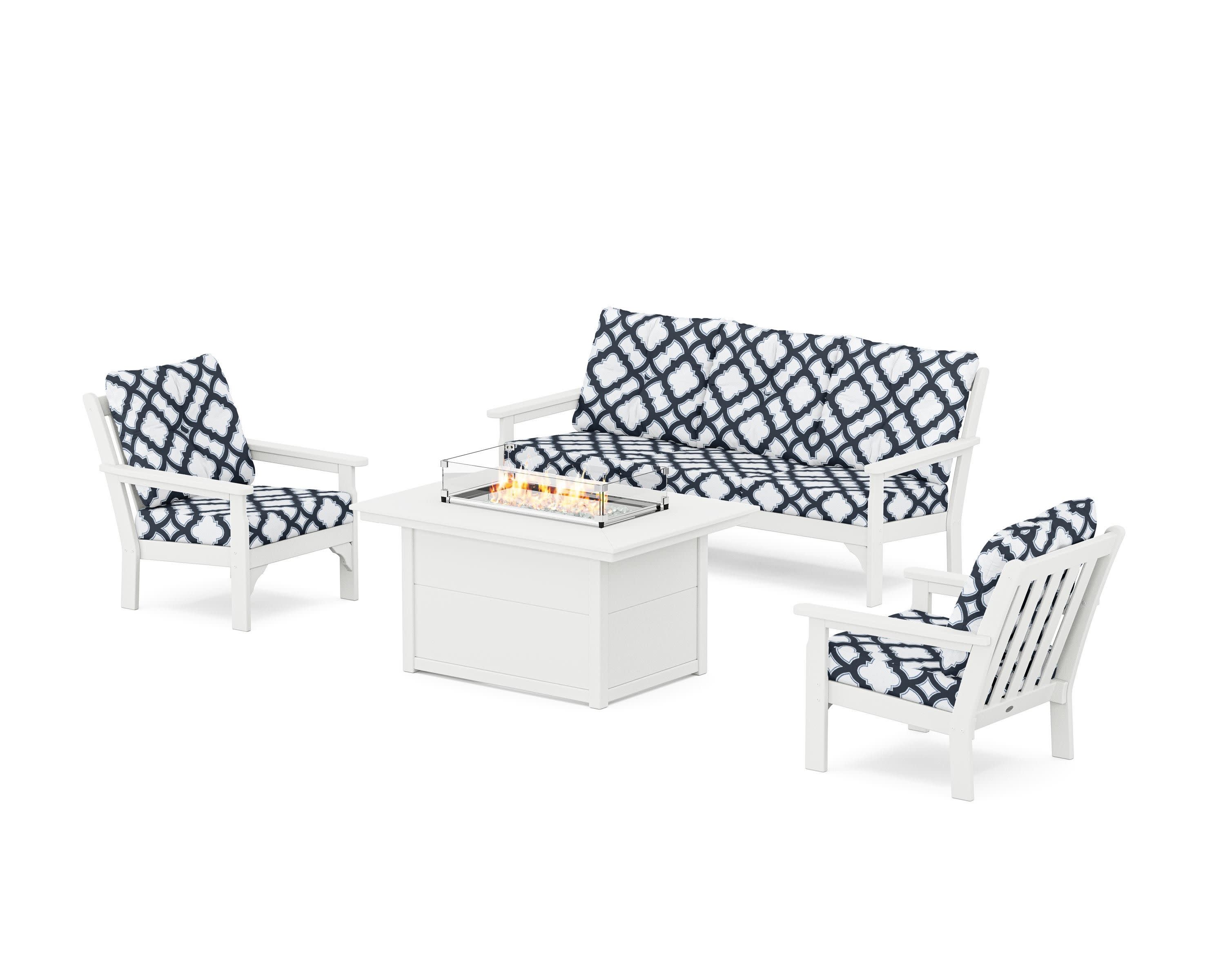 Vineyard Deep Seating Fire Pit Table Set in White / Trellis Marine Indigo