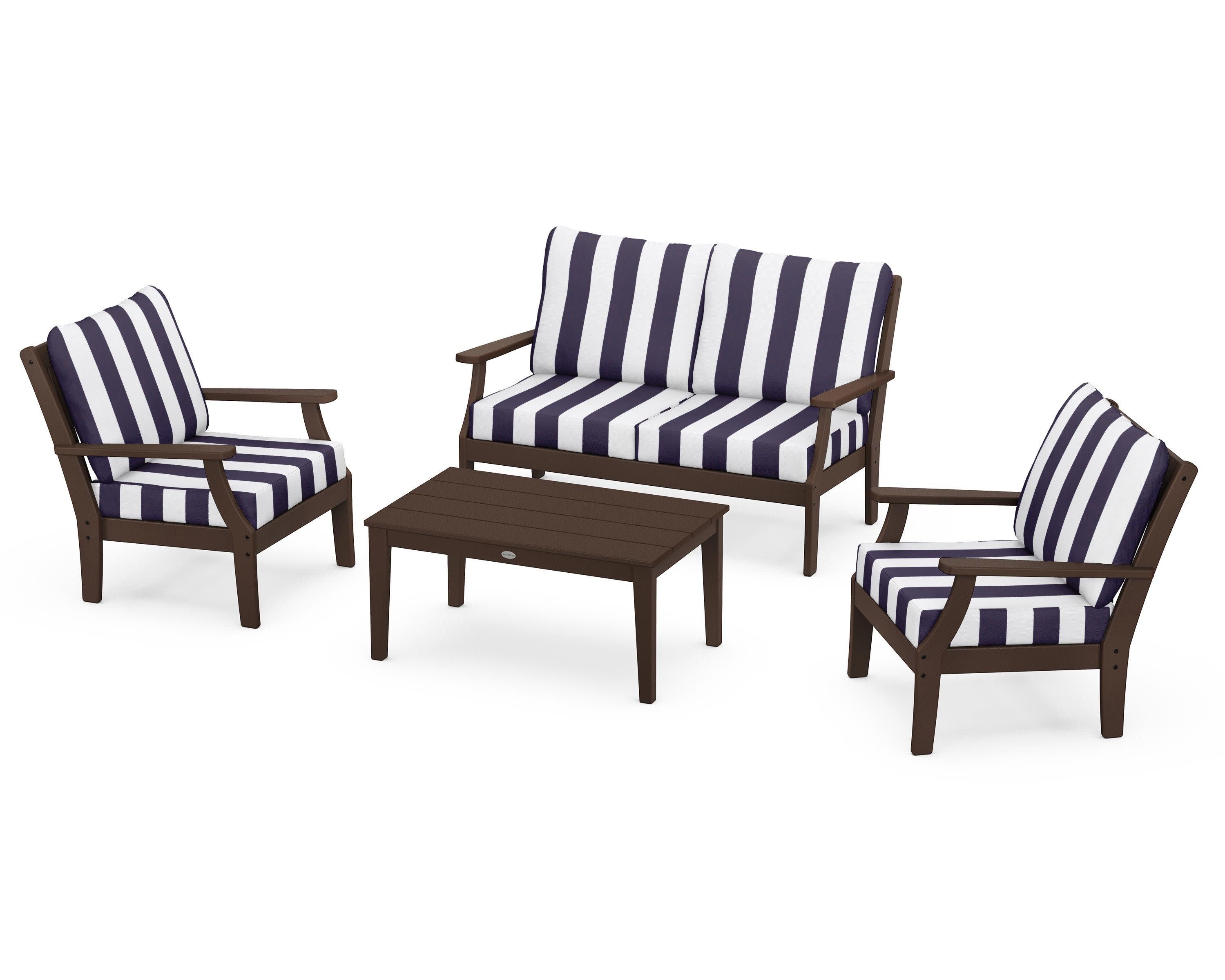 Braxton 4-Piece Deep Seating Chair Set in Mahogany / Cabana Stripe Navy