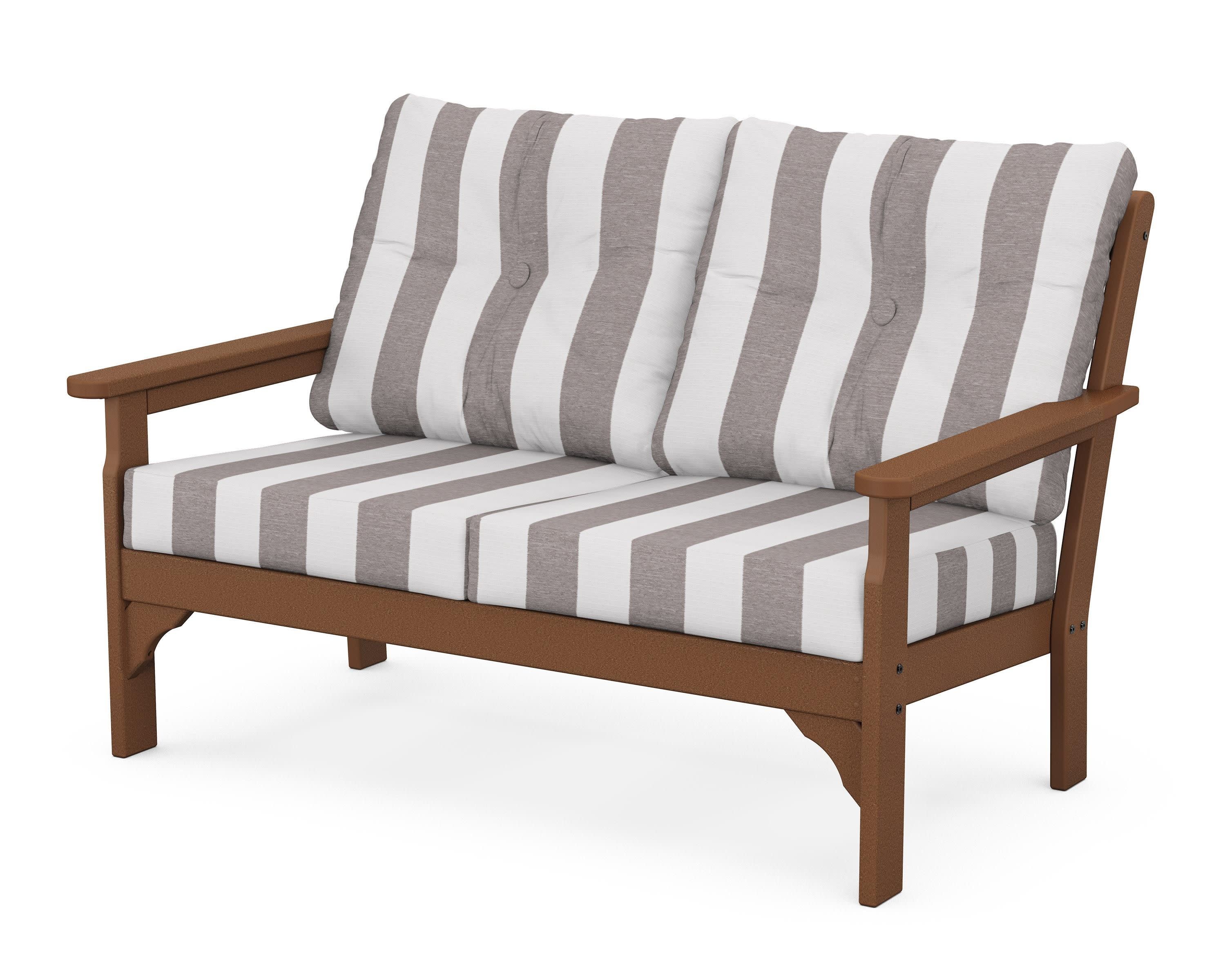 Vineyard Deep Seating Loveseat in Teak / Cabana Stripe Grey Mist