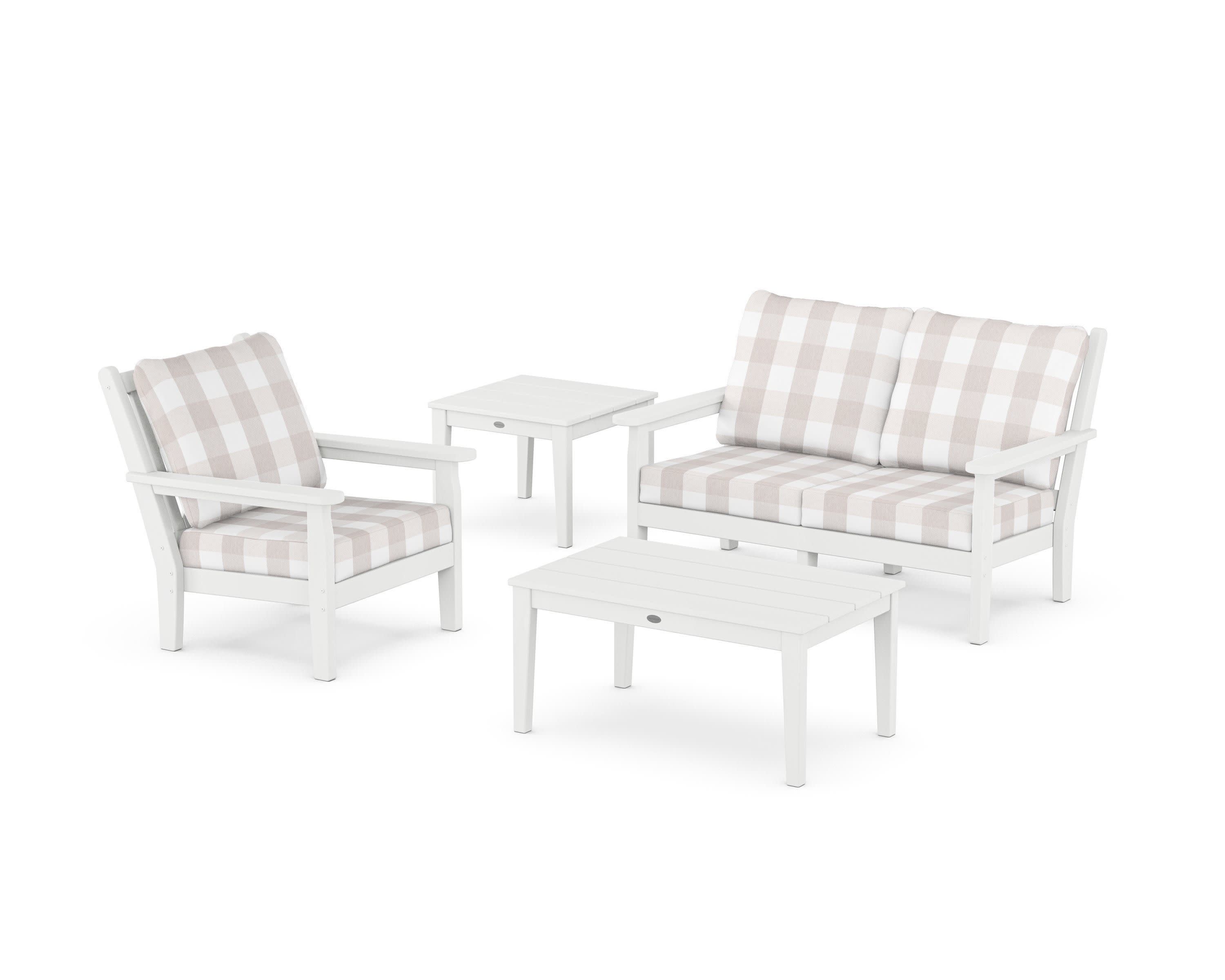 Chippendale 4-Piece Deep Seating Set in White / Buffalo Plaid Dune Burlap