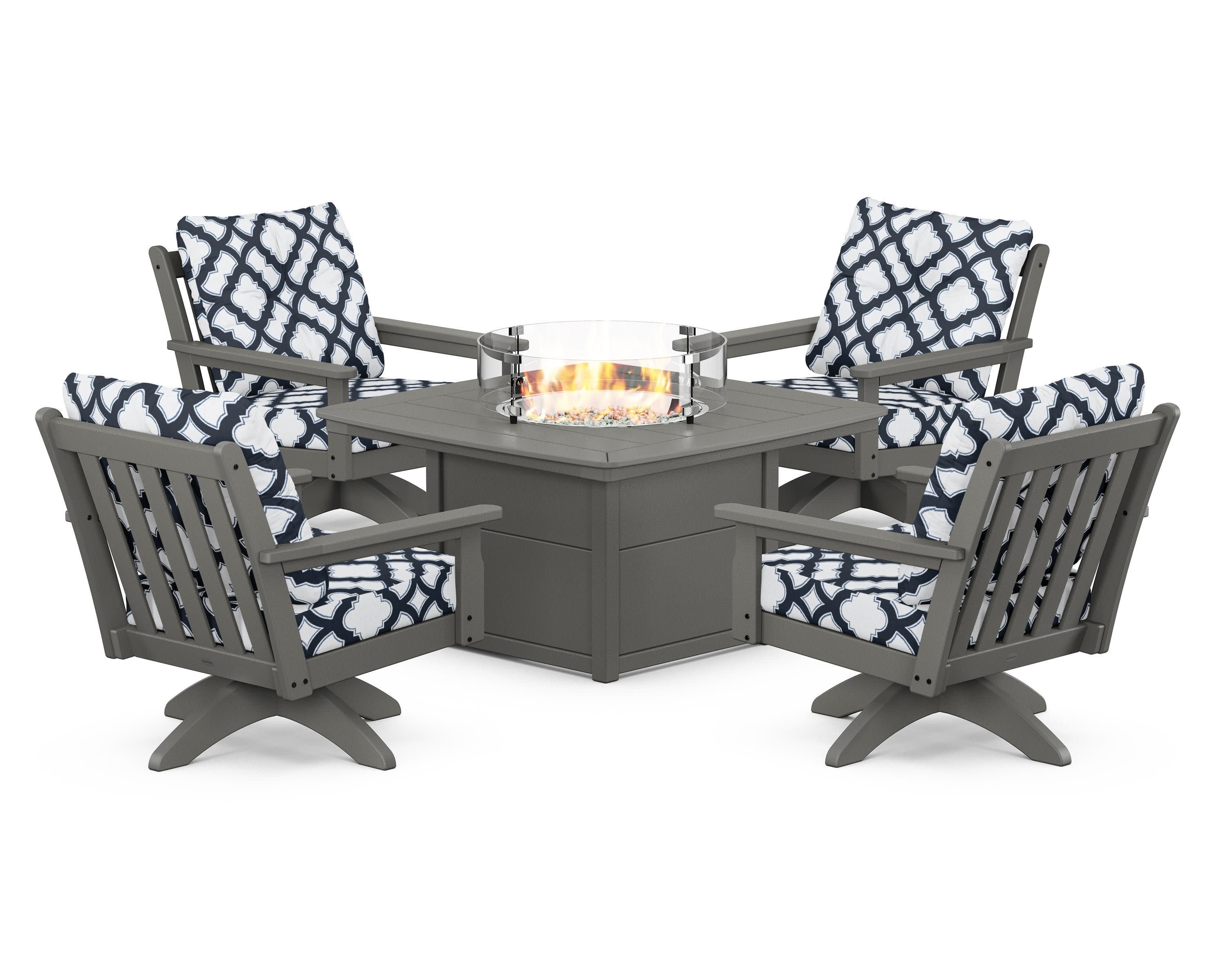 Vineyard 5-Piece Deep Seating Swivel Conversation Set with Fire Pit Table in Slate Grey / Trellis Marine Indigo