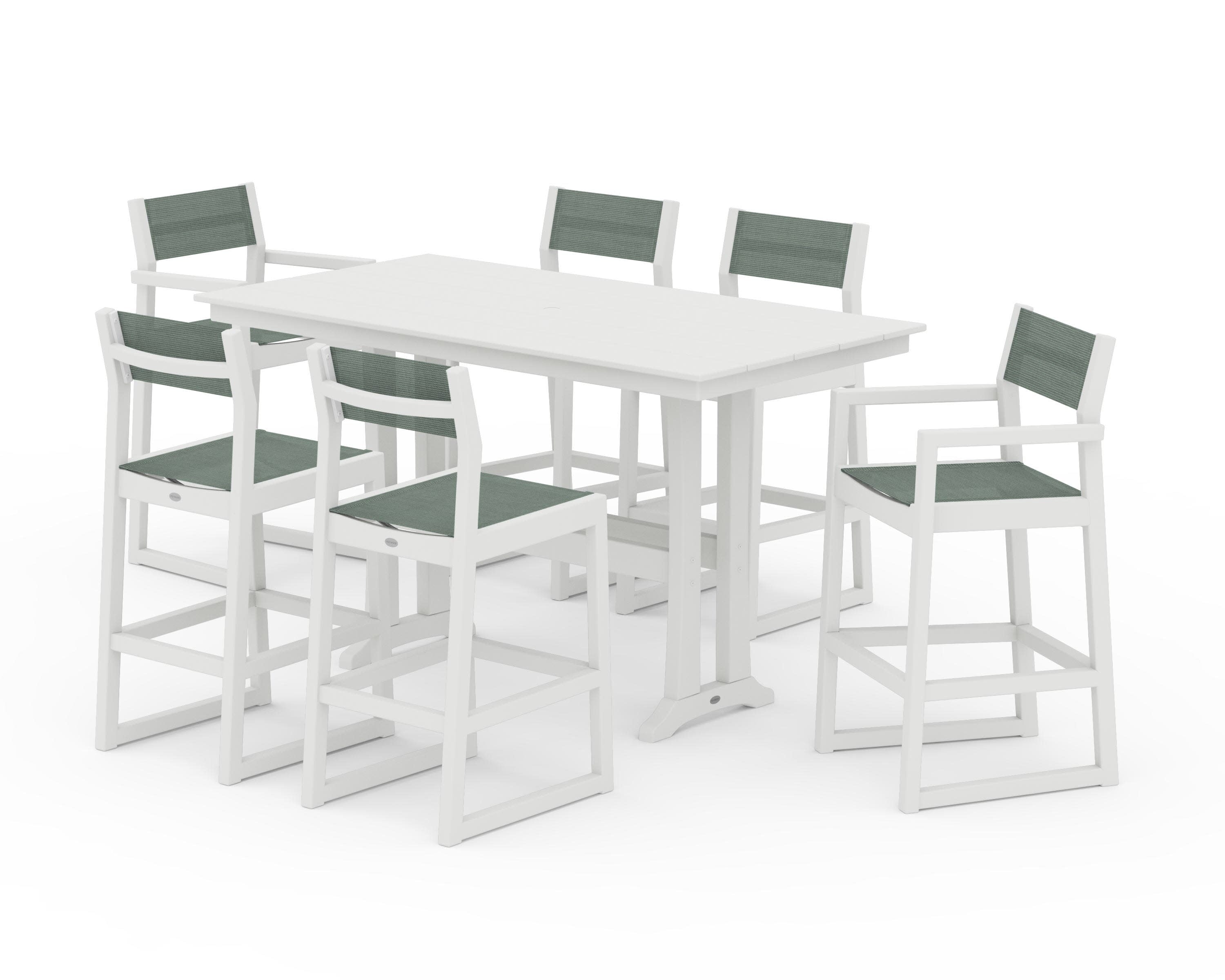 EDGE Sling 7-Piece Farmhouse Bar Set with Trestle Legs in Vintage White / Dupioni Sea Mist Sling