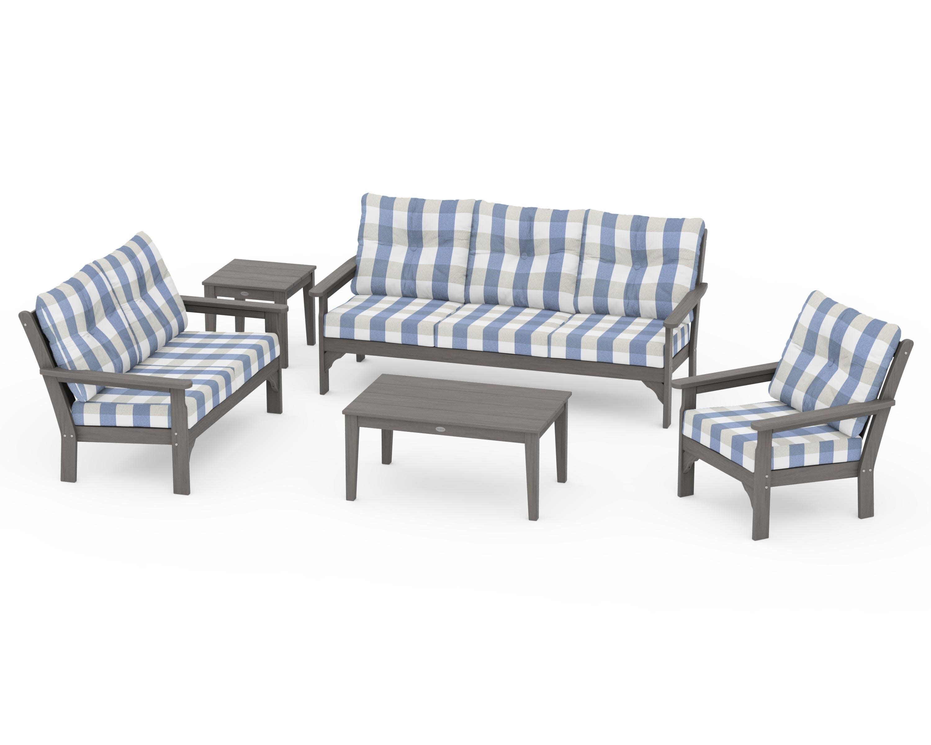 Vineyard 5 Piece Deep Seating Set in Driftwood / Buffalo Plaid Sky Blue