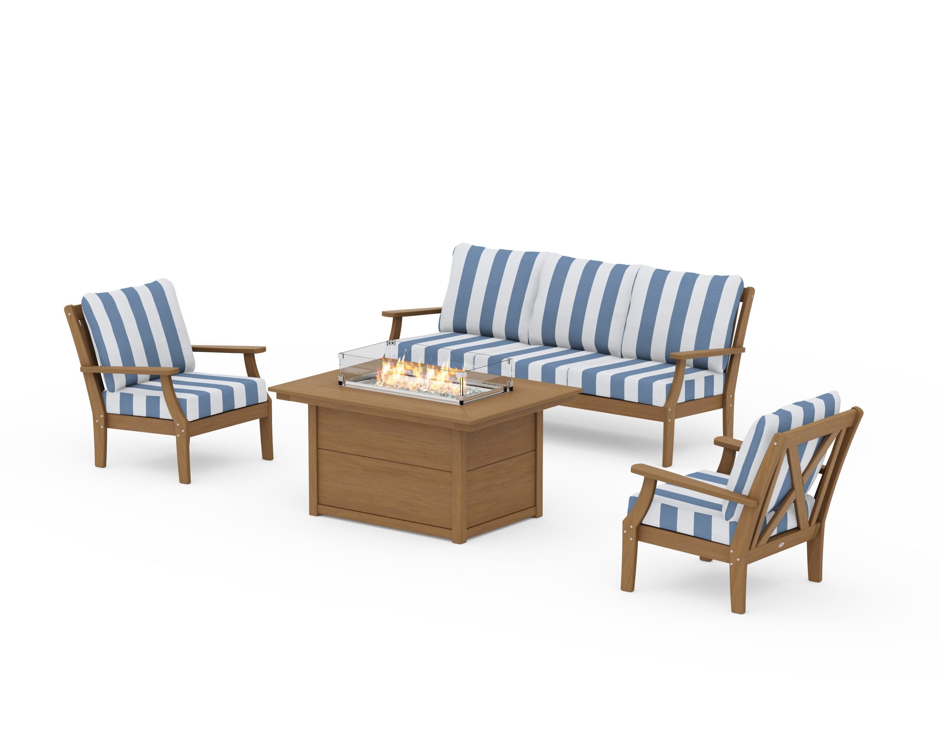 Braxton Deep Seating Fire Pit Table Set in Natural / Cabana Stripe Sky Blue