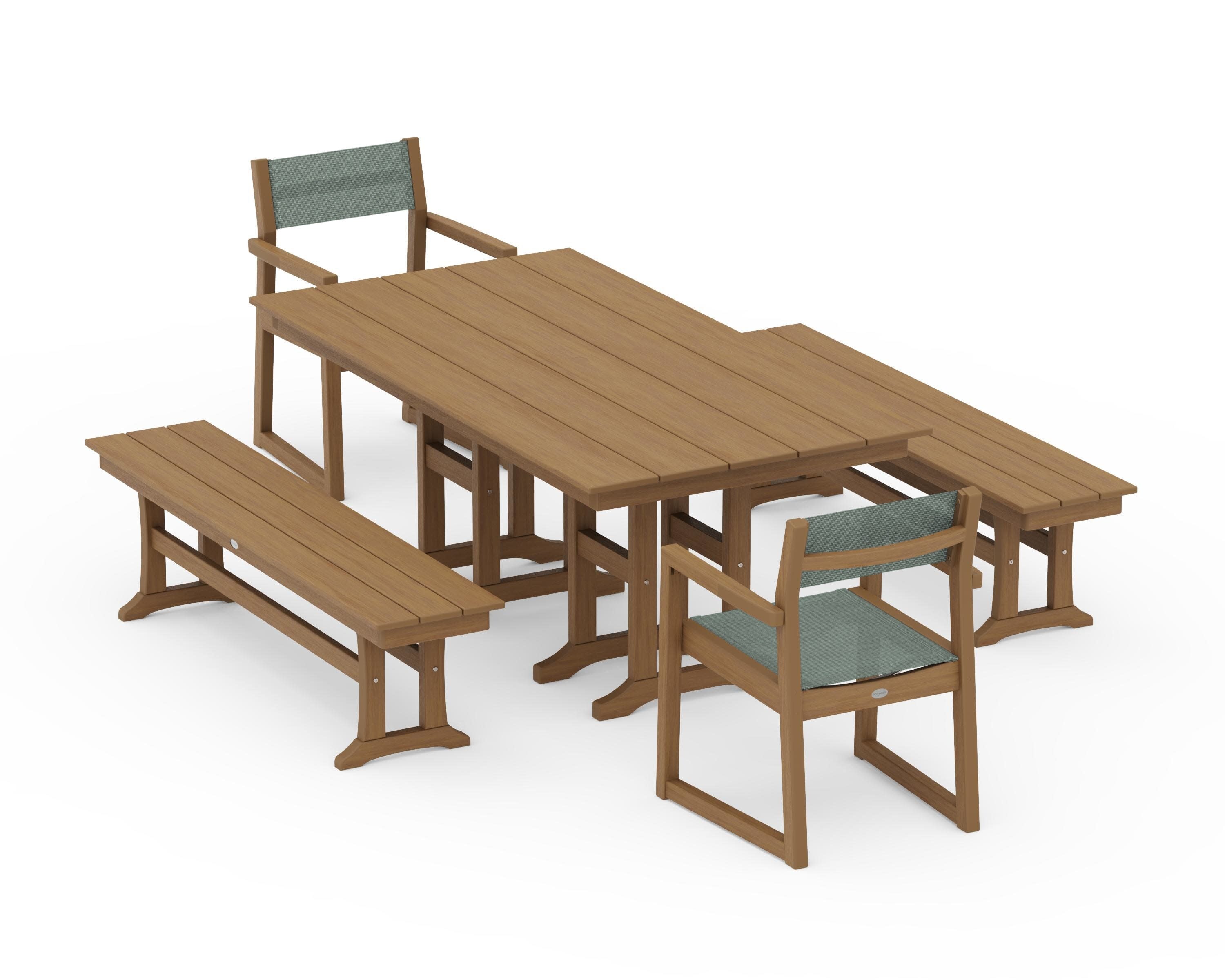 EDGE Sling Arm Chair 5-Piece Farmhouse Dining Set with Benches in Natural / Dupioni Sea Mist Sling