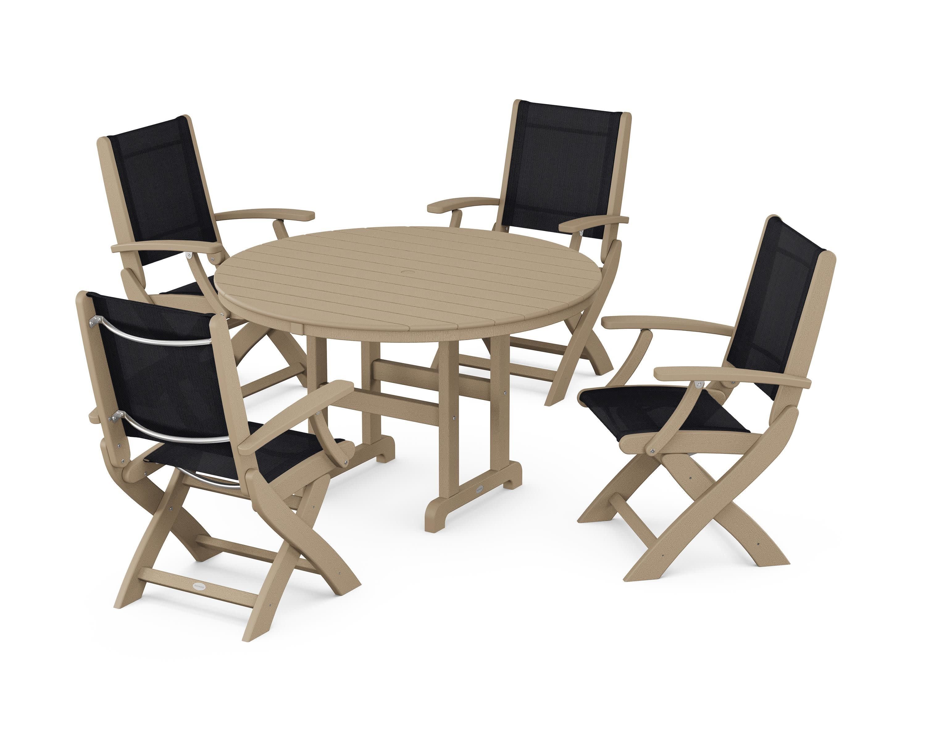 Coastal Folding Chair 5-Piece Round Dining Set in Vintage Sahara / Black Sling